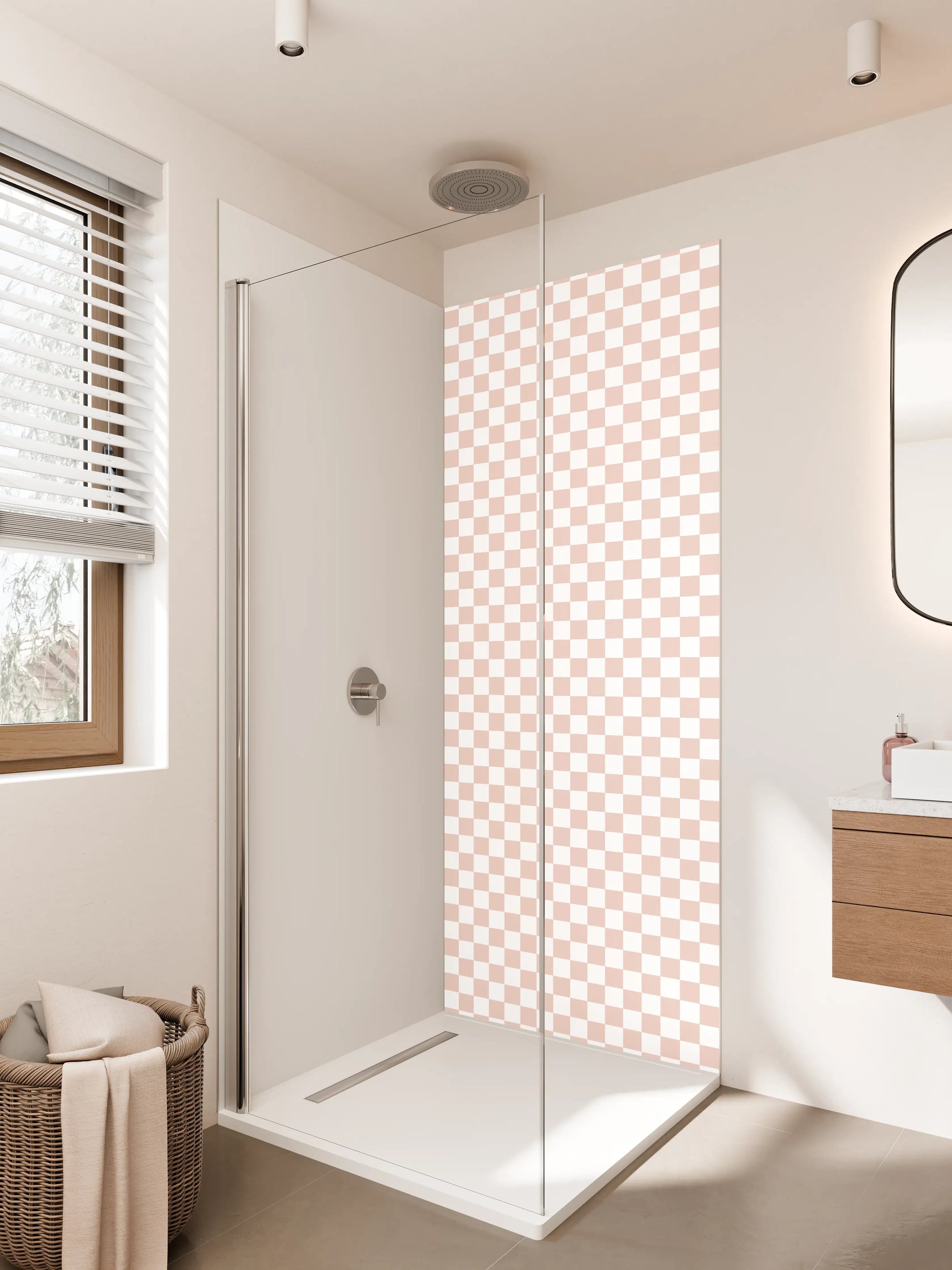 Duschrückwand - Helles Checkmuster mit Beige- und Weißtönen
