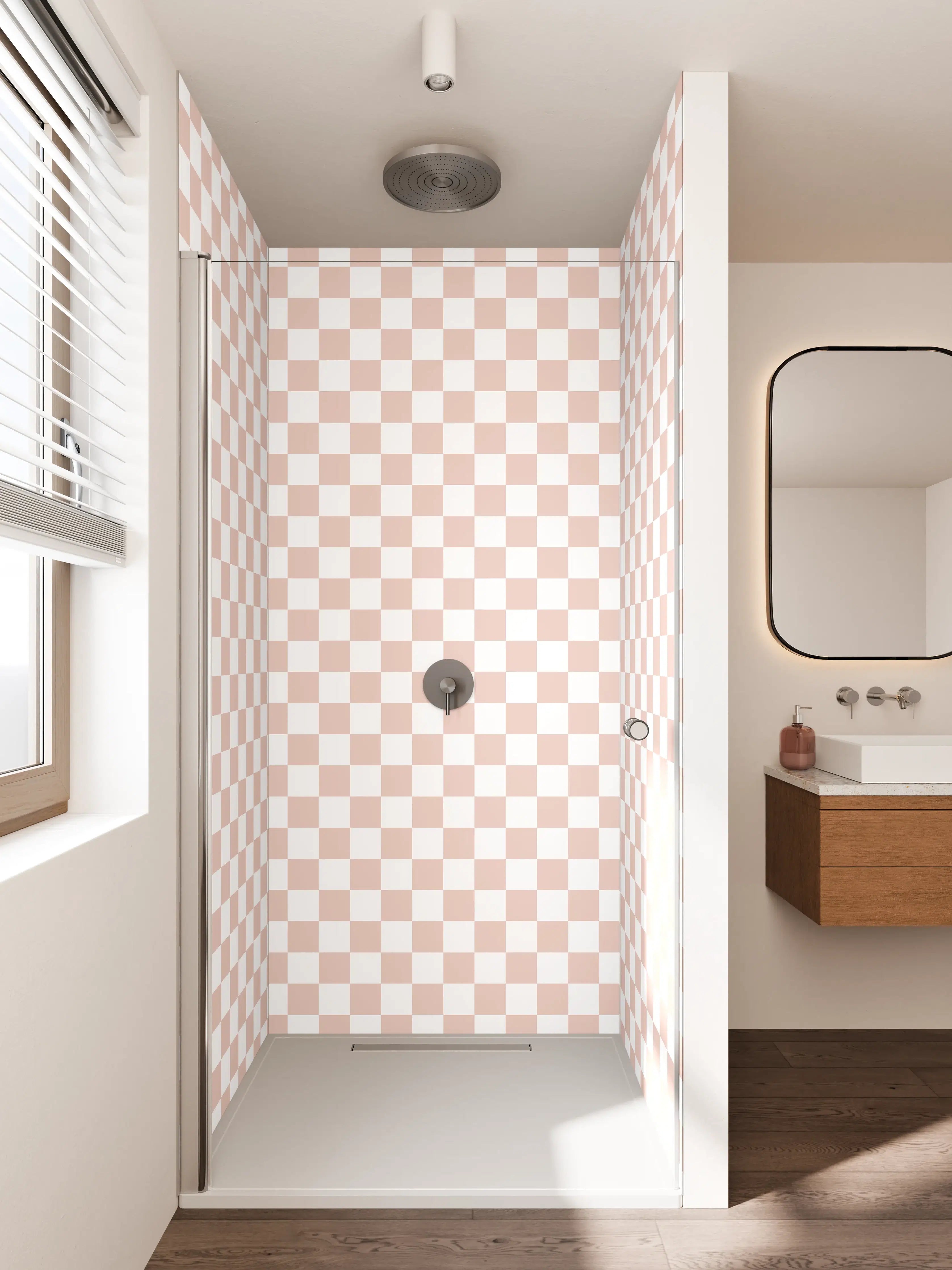 Duschrückwand - Helles Checkmuster mit Beige- und Weißtönen