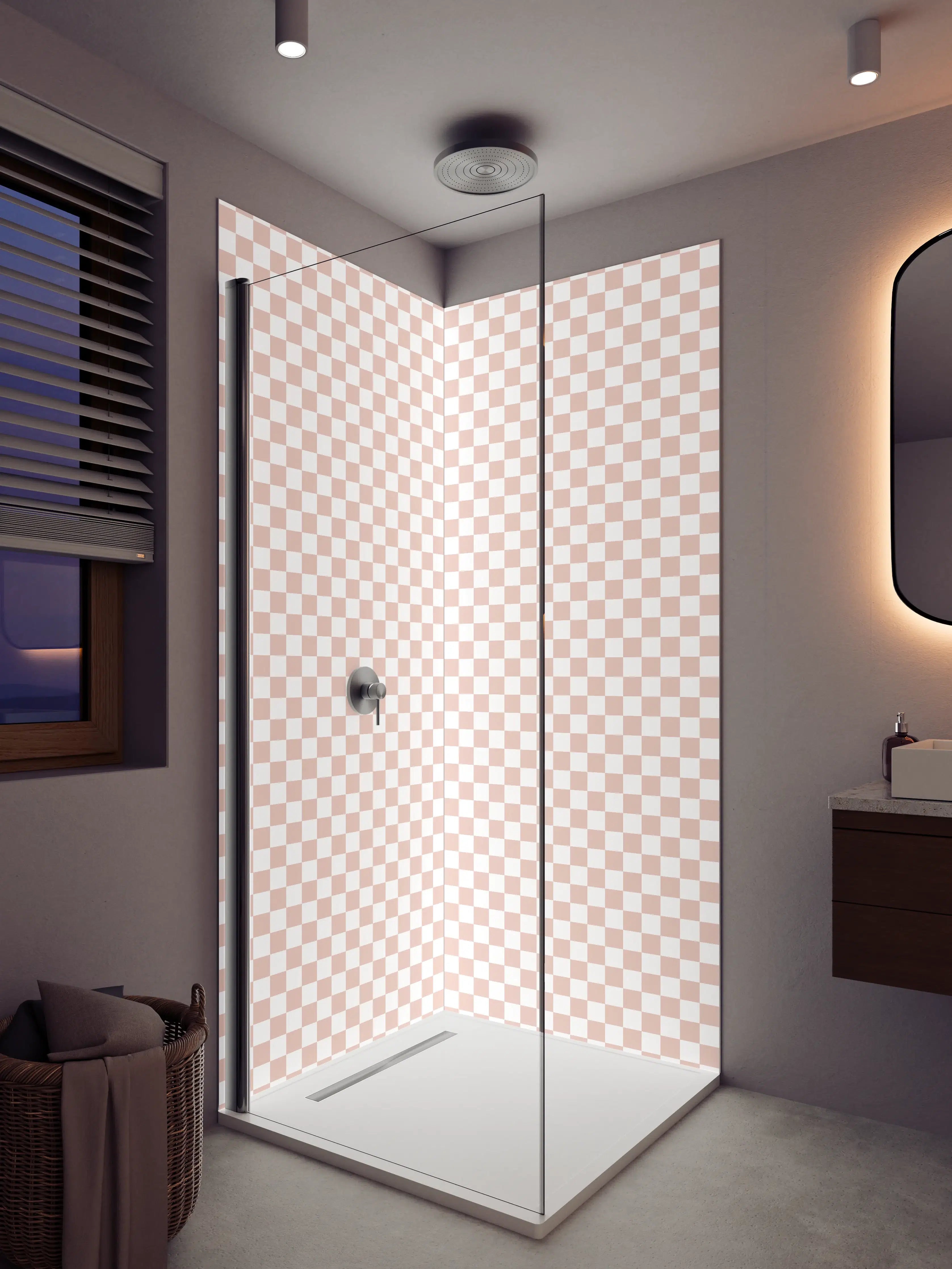 Duschrückwand - Helles Checkmuster mit Beige- und Weißtönen