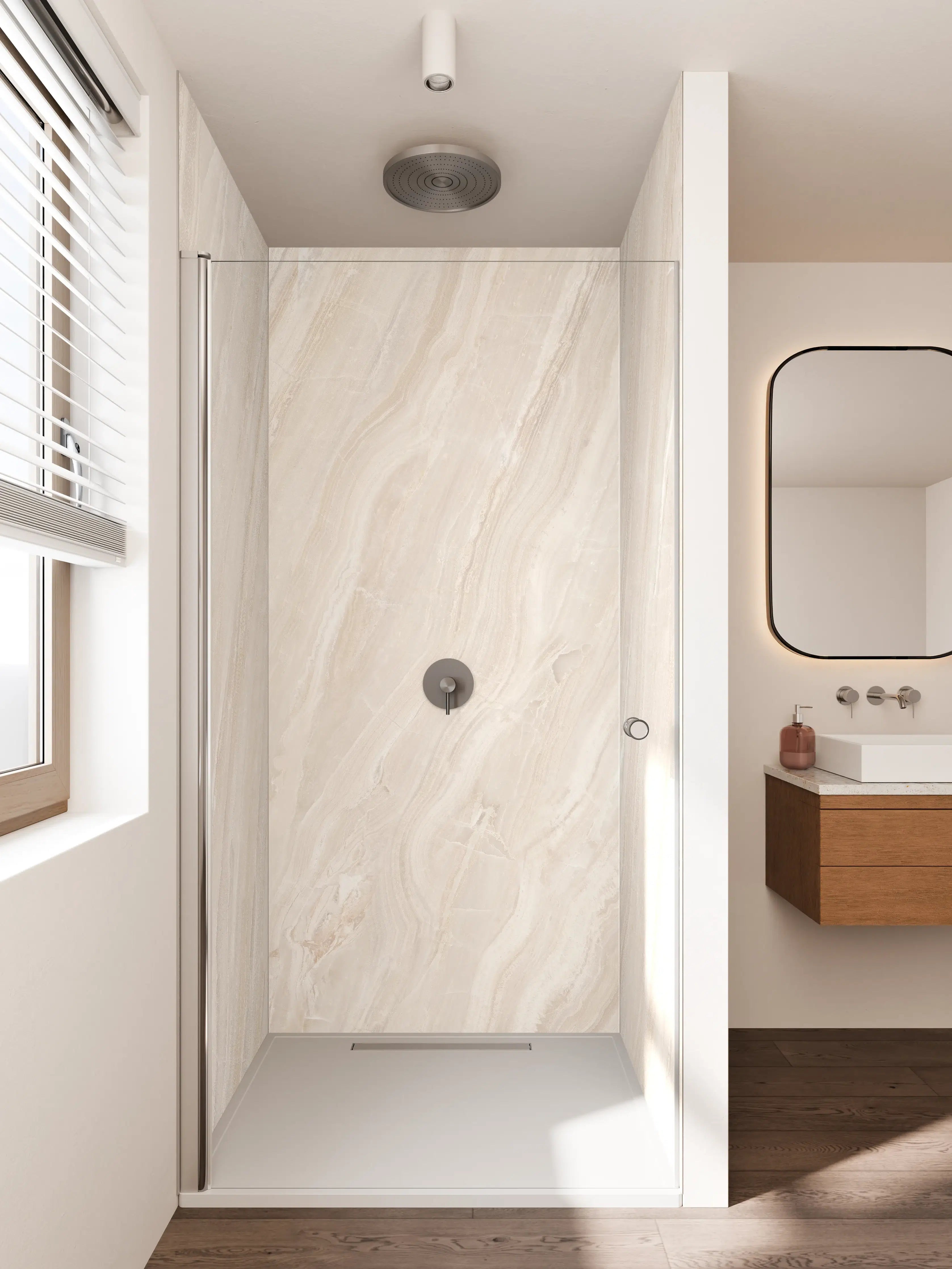 Duschrückwand - Helles Creme-Marmor-Design