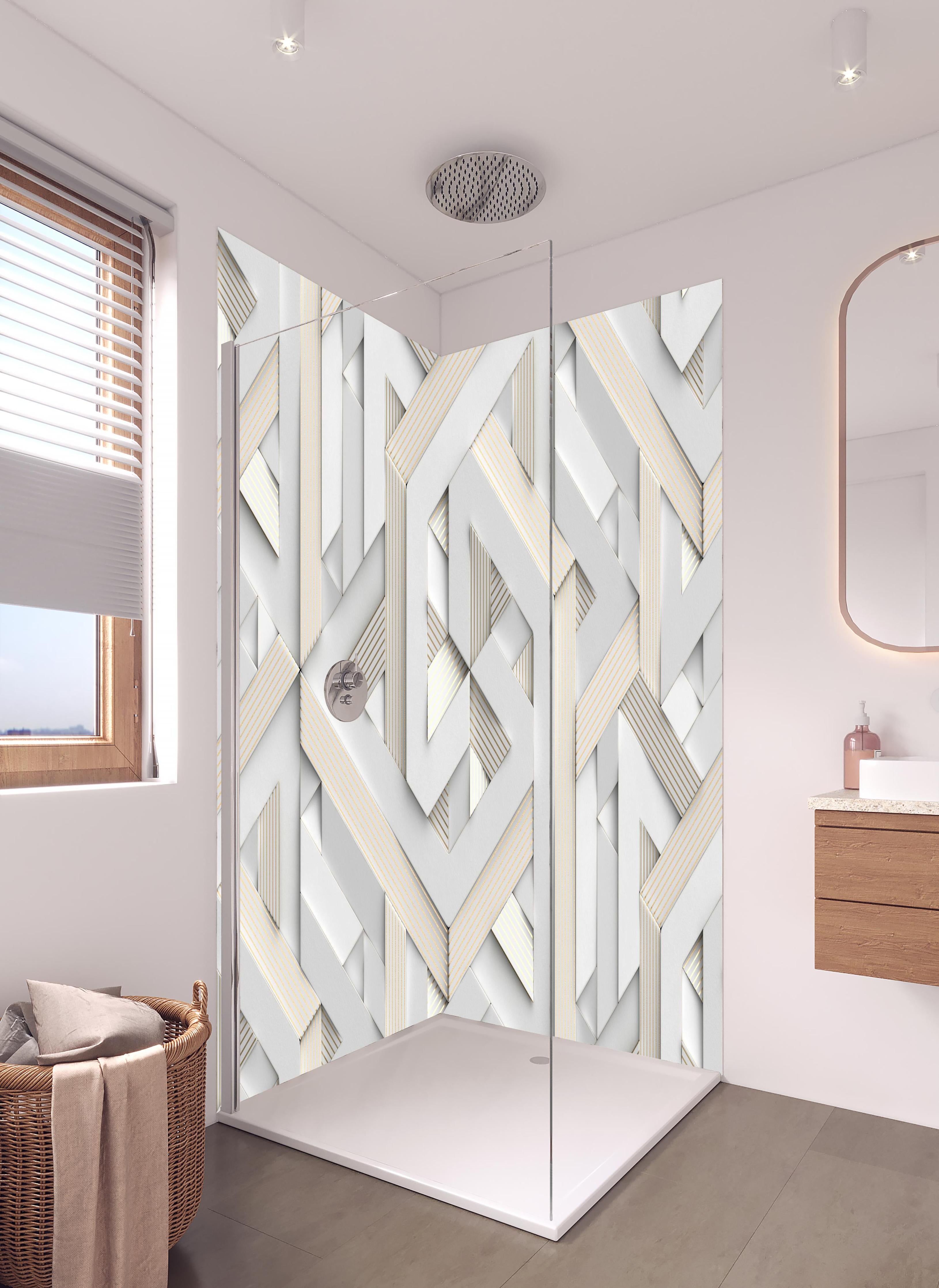 Duschrückwand - Helles Mosaik Muster - 3D in hellem Badezimmer mit Regenduschkopf - zweiteilige Eck-Duschrückwand