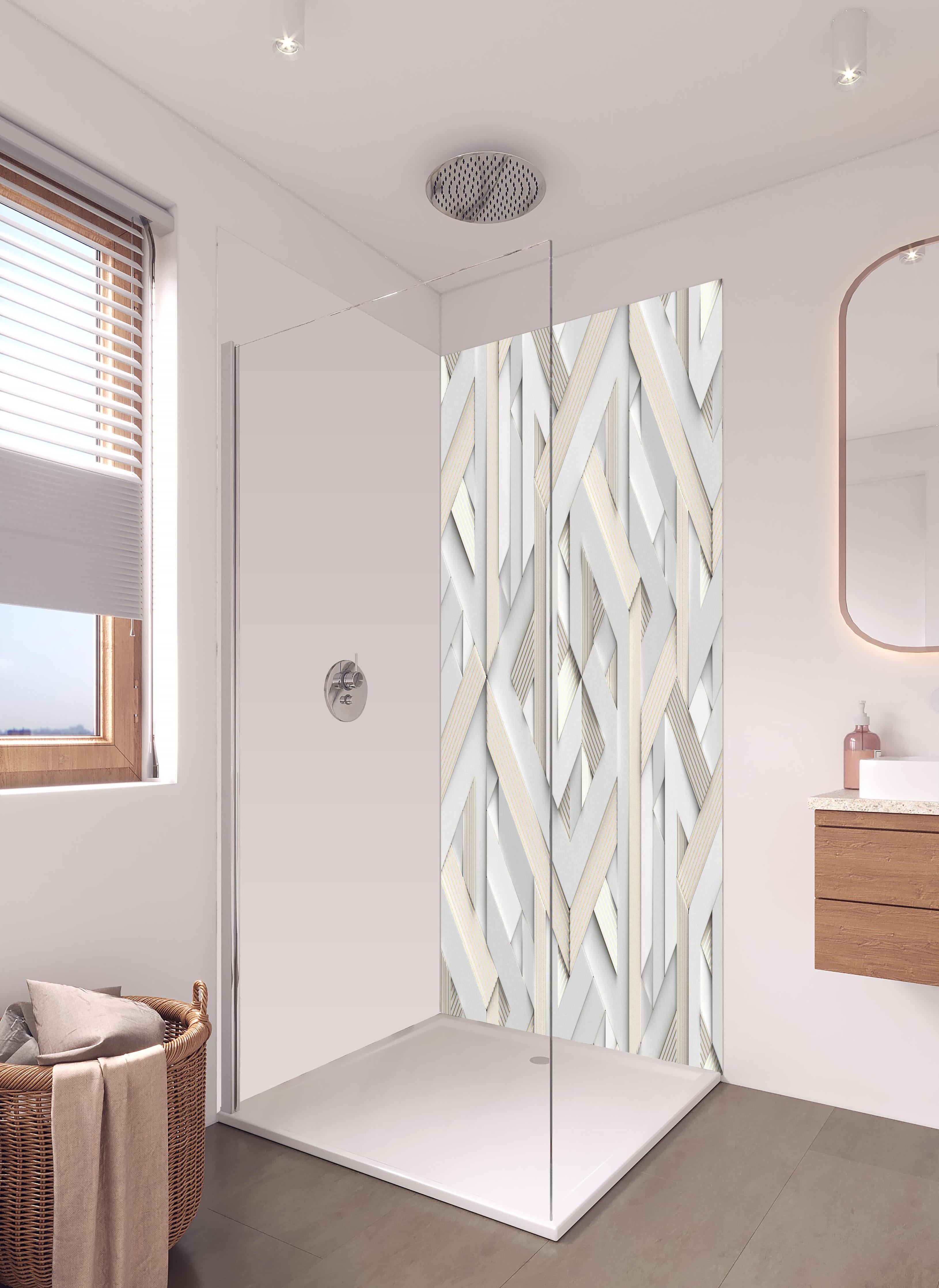 Duschrückwand - Helles Mosaik Muster - 3D in hellem Badezimmer mit Regenduschkopf - zweiteilige Eck-Duschrückwand