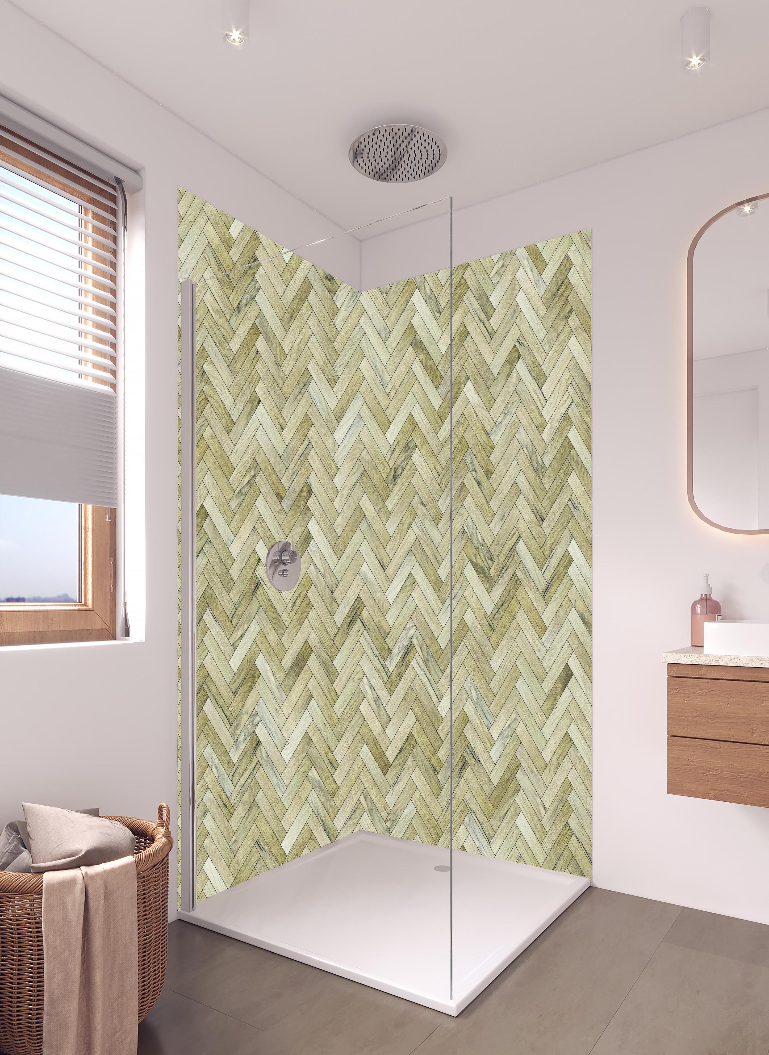 Duschrückwand - Helles Rechtecks Holzmuster in hellem Badezimmer mit Regenduschkopf - zweiteilige Eck-Duschrückwand