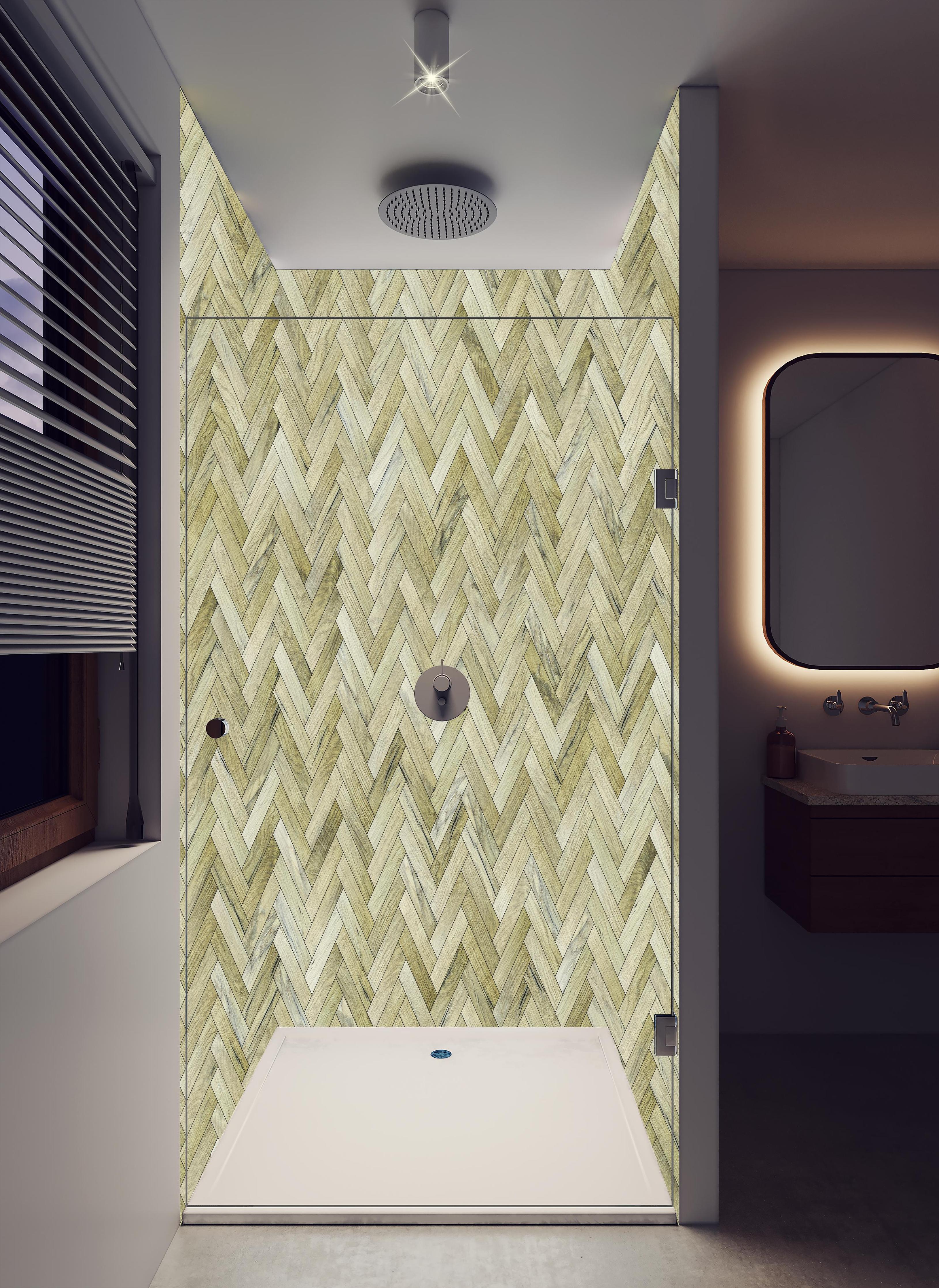 Duschrückwand - Helles Rechtecks Holzmuster in hellem Badezimmer mit Regenduschkopf - zweiteilige Eck-Duschrückwand