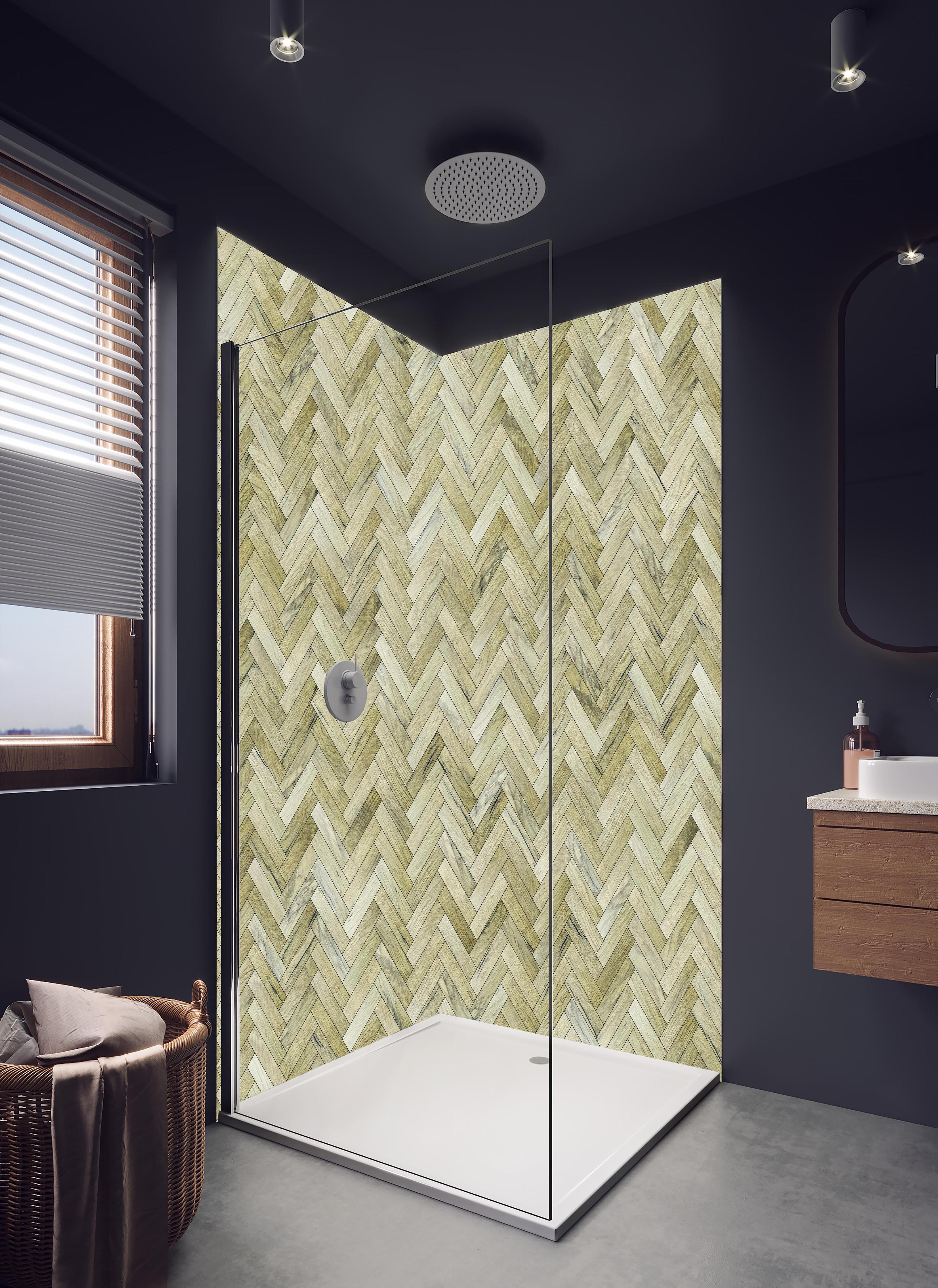 Duschrückwand - Helles Rechtecks Holzmuster in hellem Badezimmer mit Regenduschkopf - zweiteilige Eck-Duschrückwand