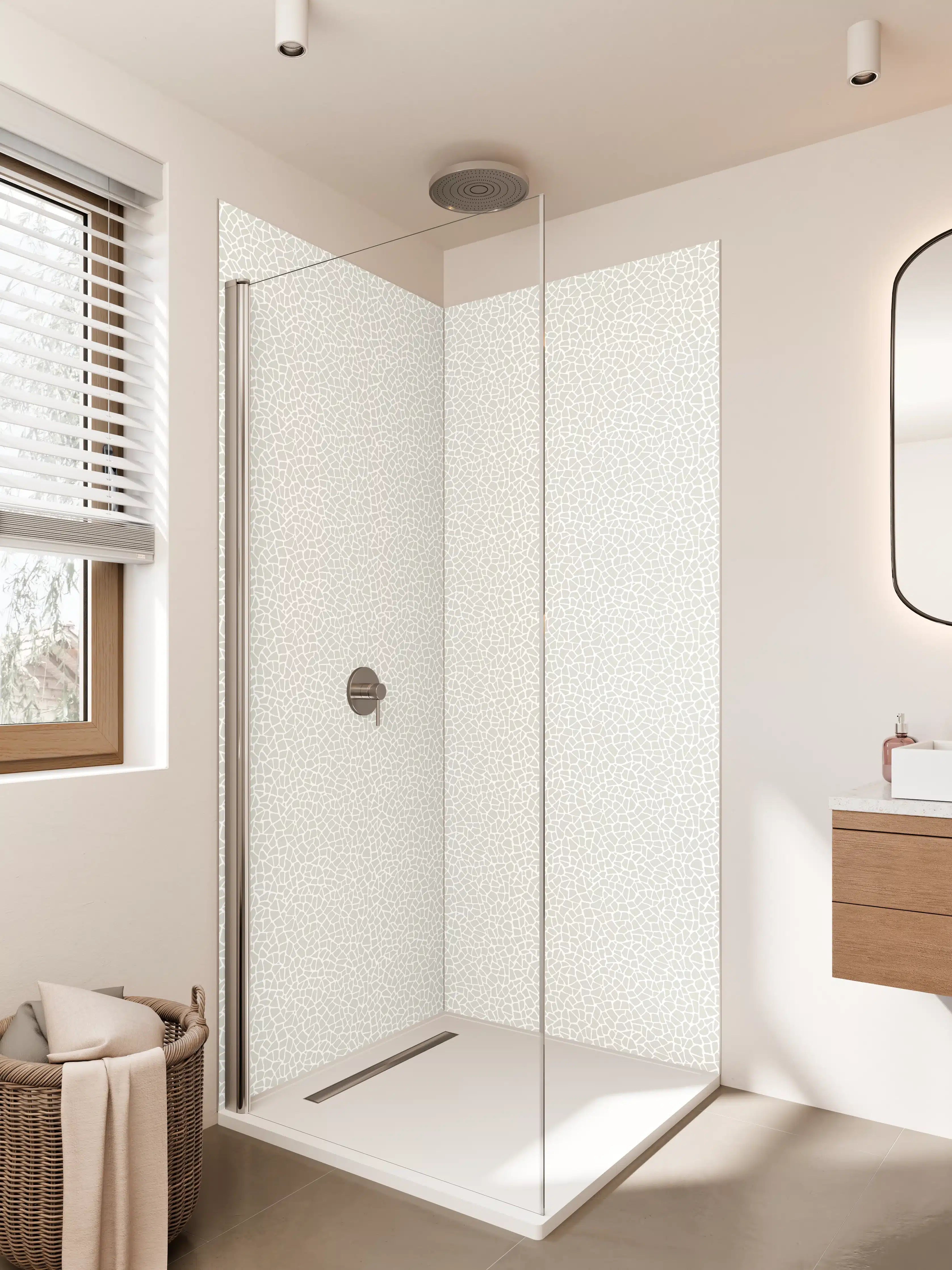 Duschrückwand - Helles, geometrisches Muster in Grau-Weiß