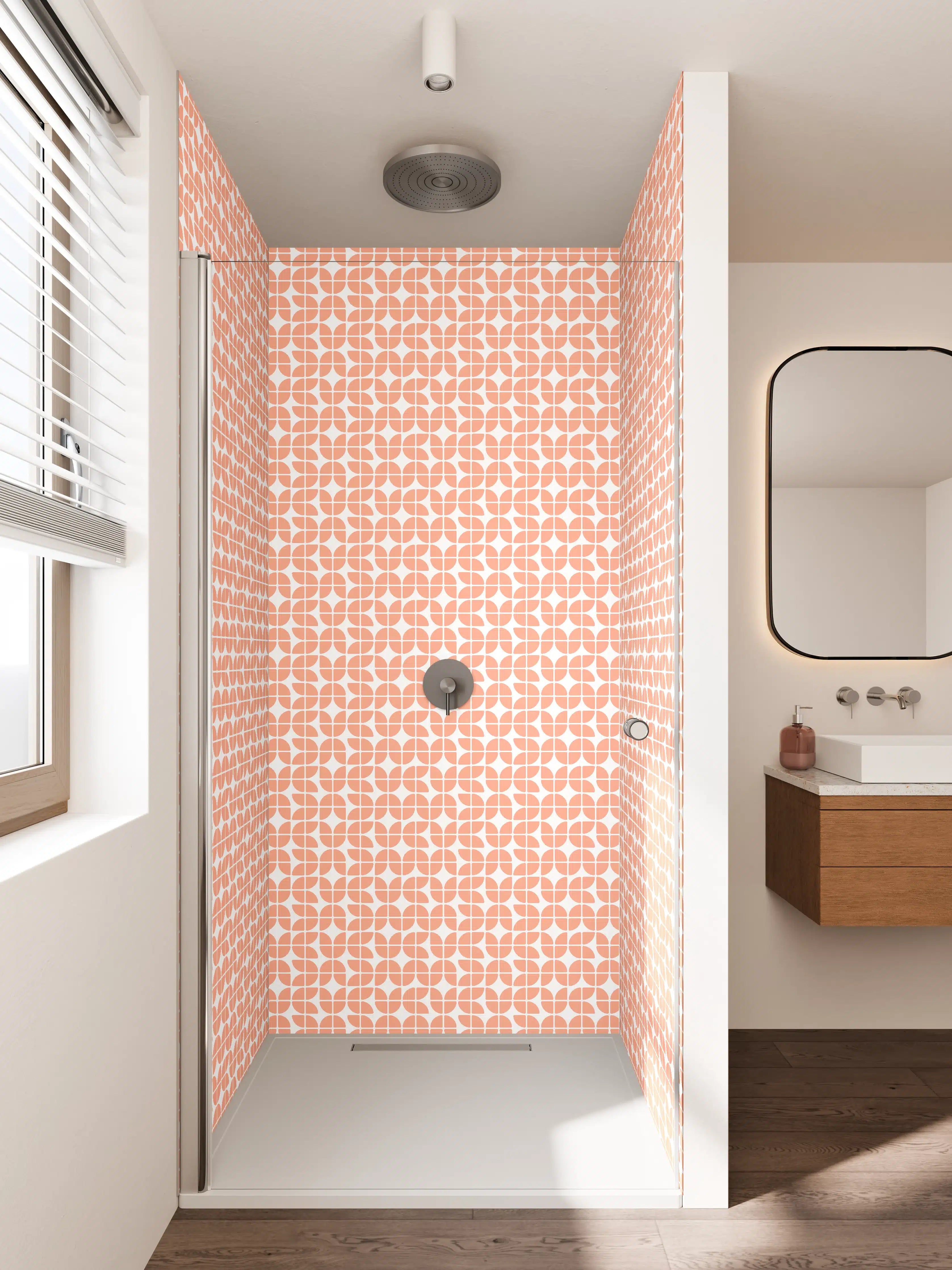 Duschrückwand - Helles, geometrisches Muster mit rosa Tönen