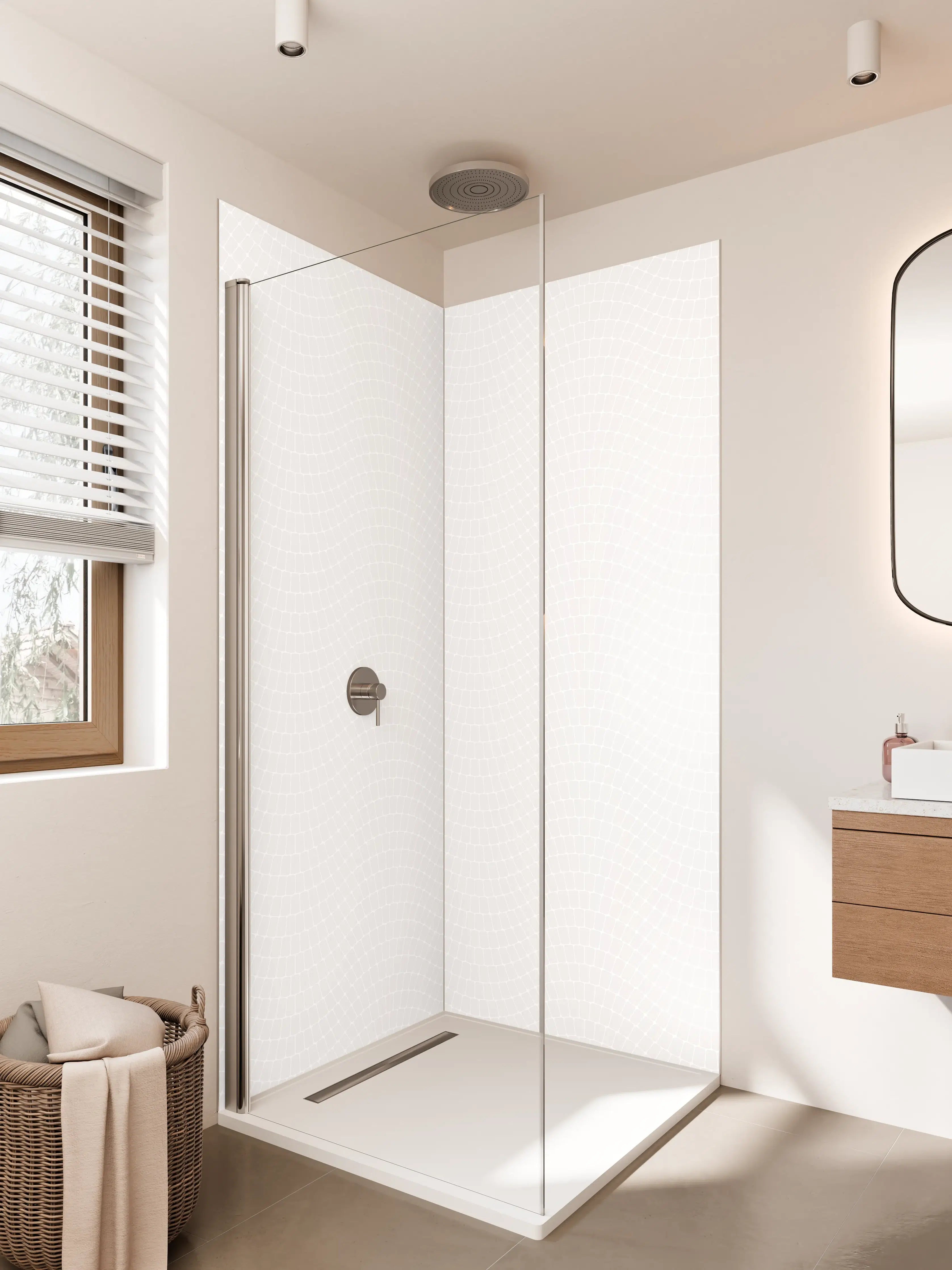 Duschrückwand - Helles, minimalistisches Muster in Grau und Weiß