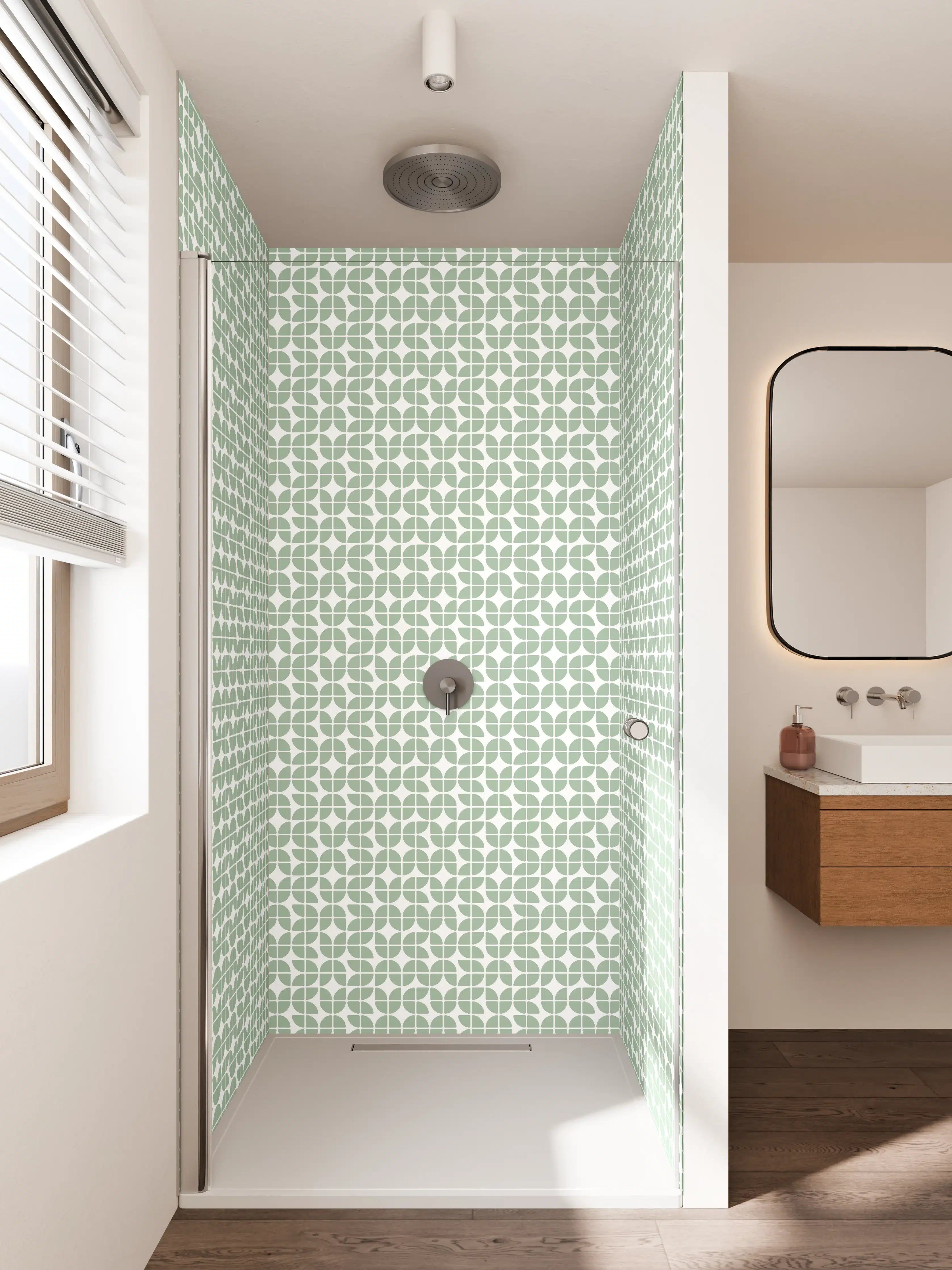 Duschrückwand - Hellgrüne Muster-Fliese mit geometrischem Design