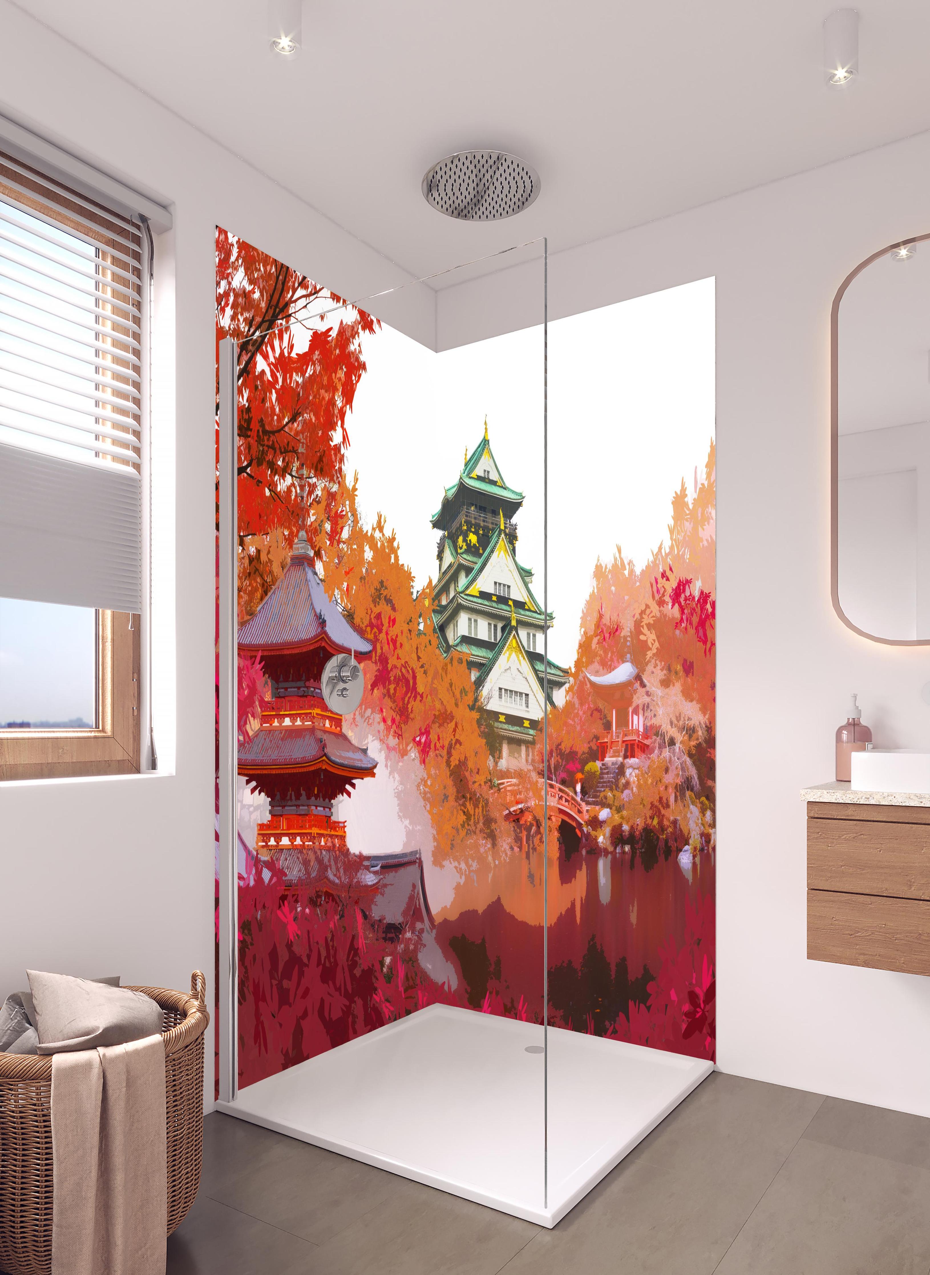 Duschrückwand - Herbst Japan Reise - Gemälde in hellem Badezimmer mit Regenduschkopf - zweiteilige Eck-Duschrückwand