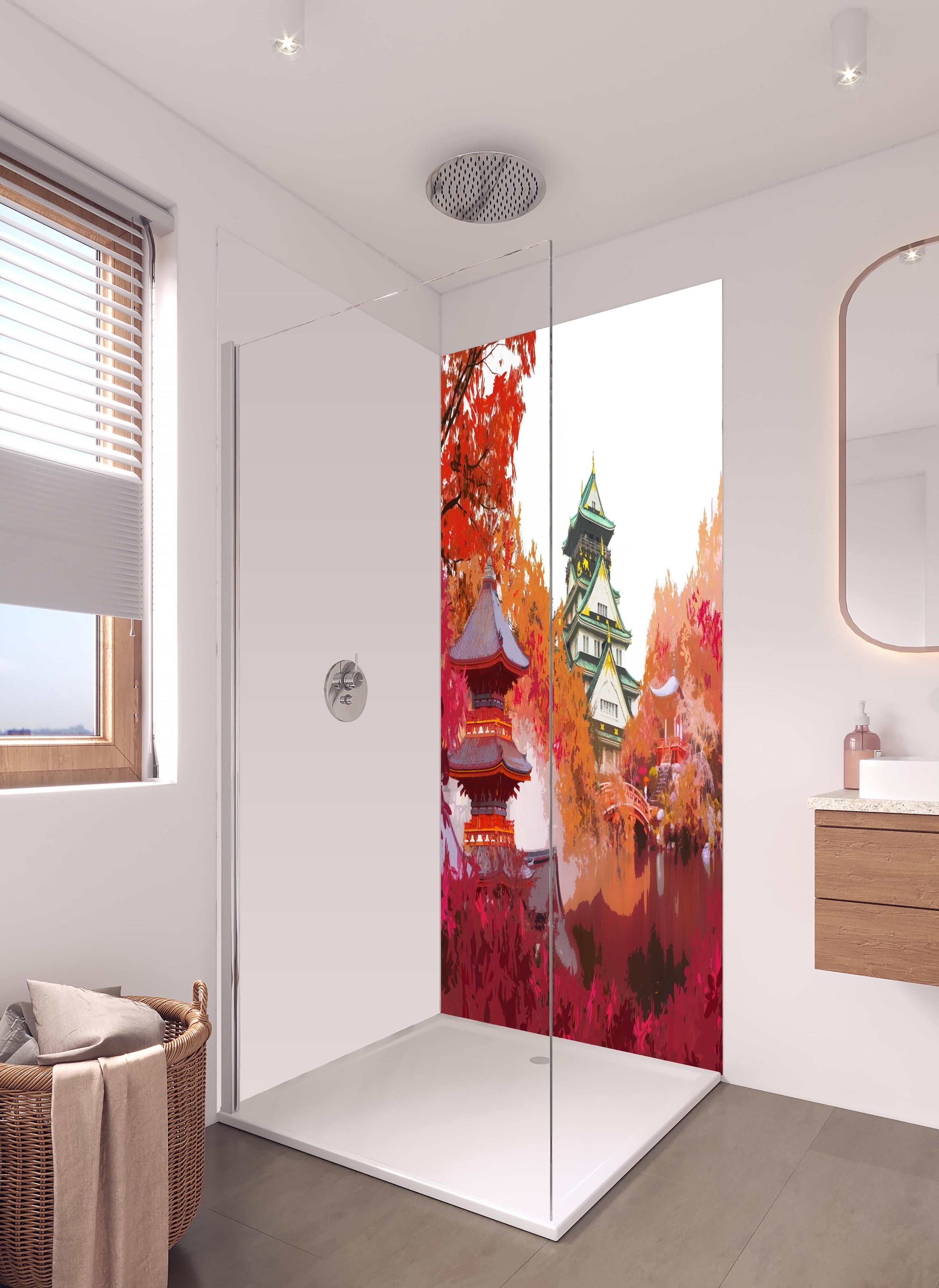 Duschrückwand - Herbst Japan Reise - Gemälde in hellem Badezimmer mit Regenduschkopf - zweiteilige Eck-Duschrückwand