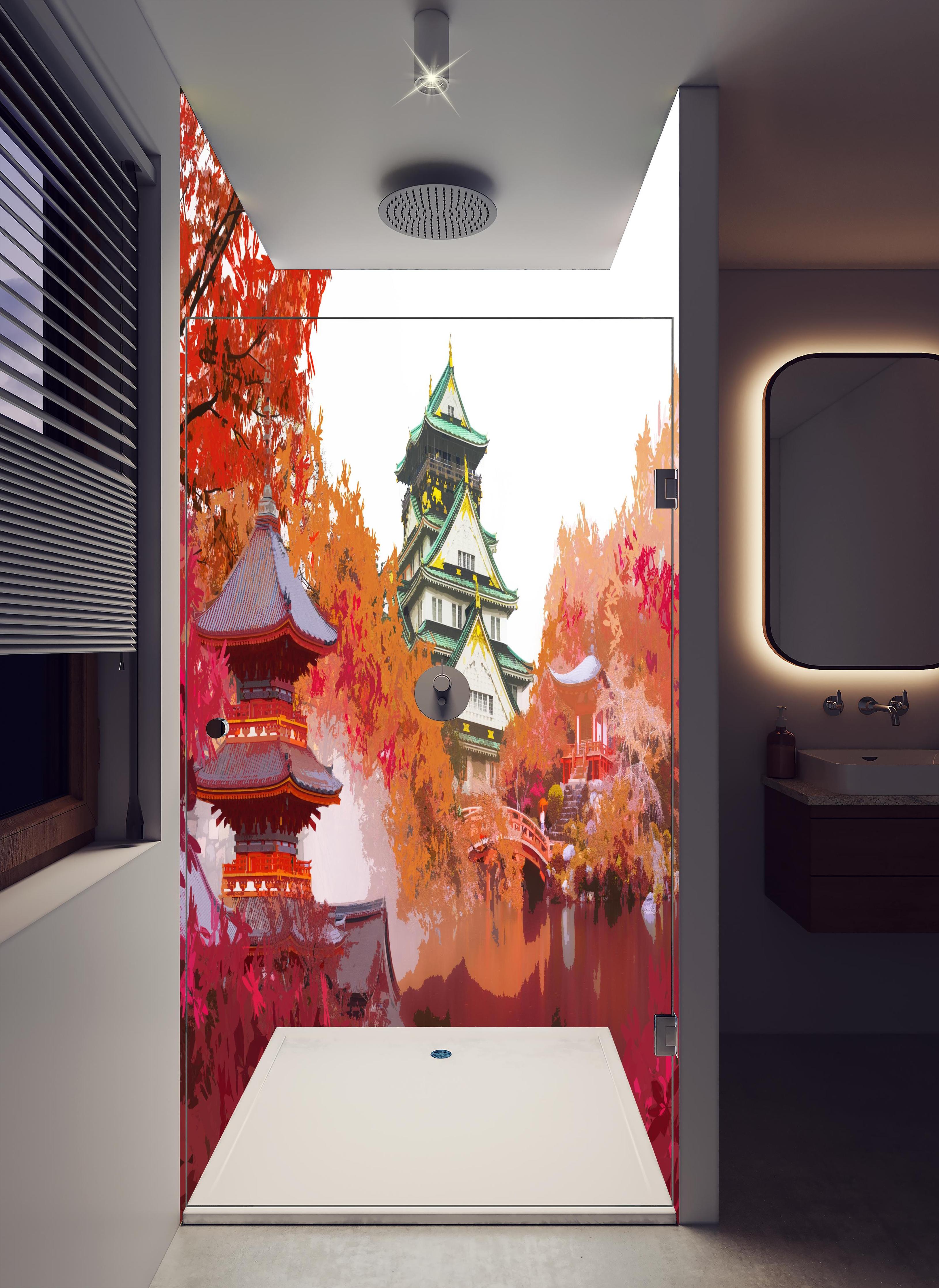 Duschrückwand - Herbst Japan Reise - Gemälde in hellem Badezimmer mit Regenduschkopf - zweiteilige Eck-Duschrückwand