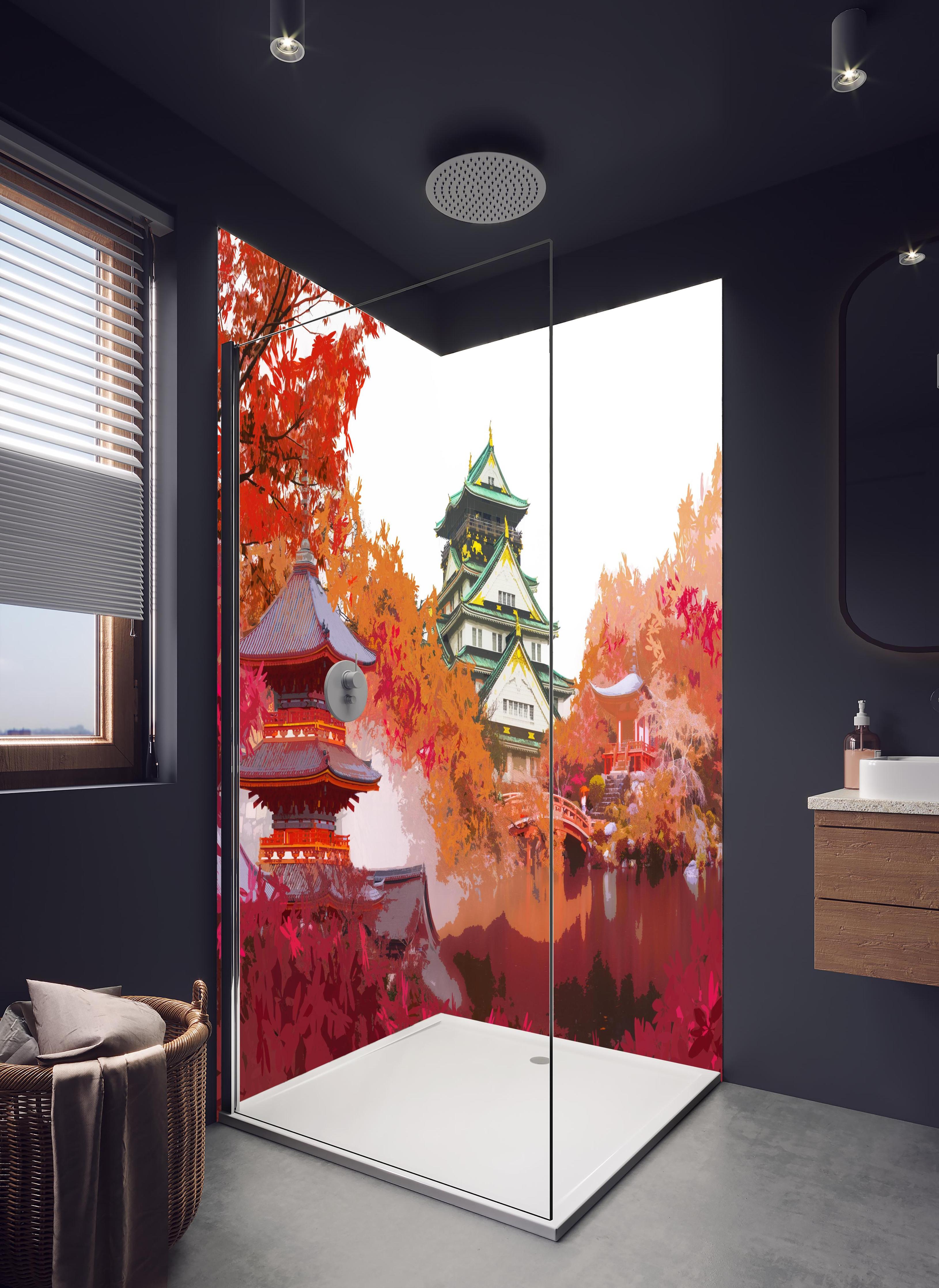 Duschrückwand - Herbst Japan Reise - Gemälde in hellem Badezimmer mit Regenduschkopf - zweiteilige Eck-Duschrückwand