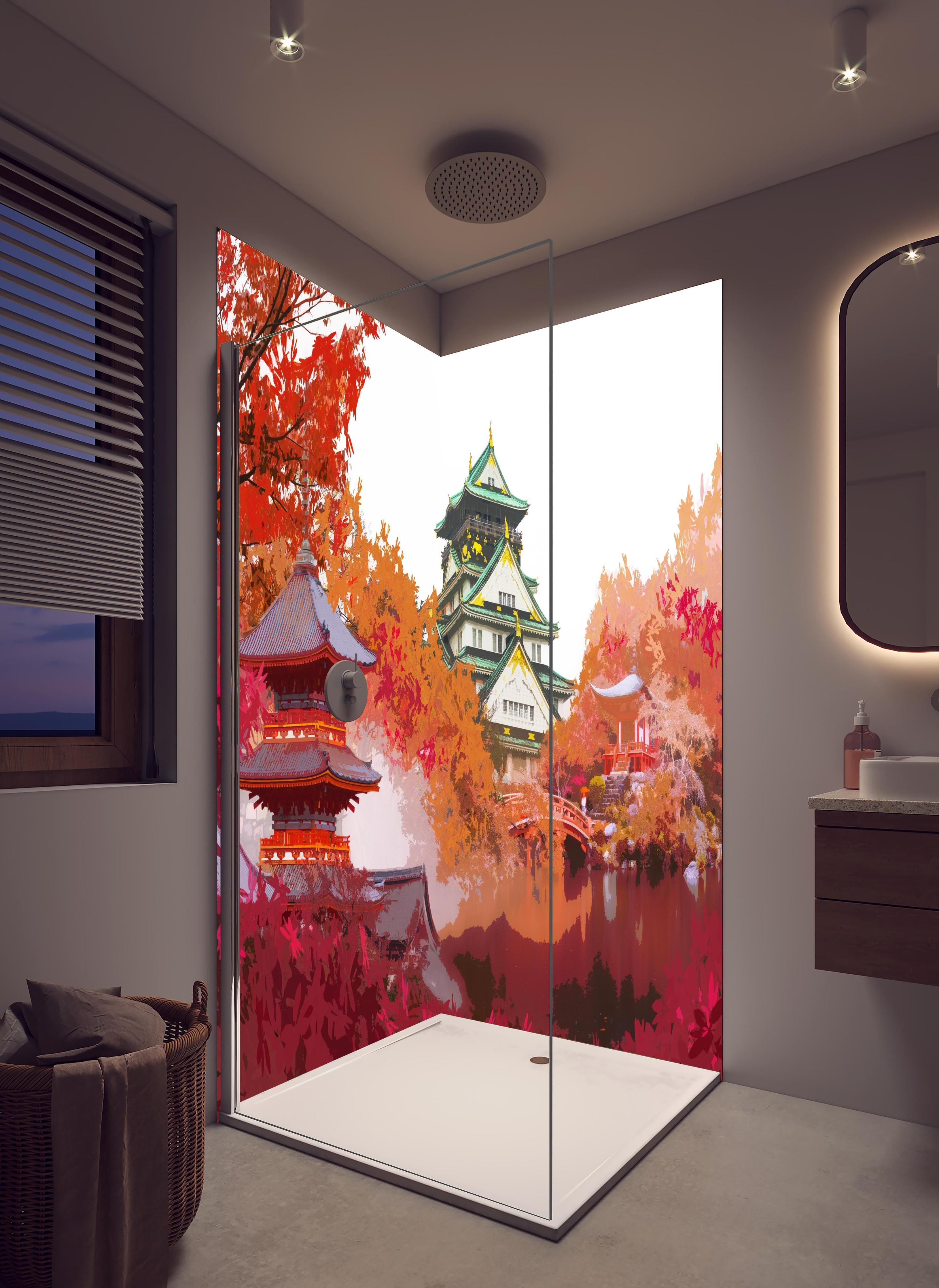 Duschrückwand - Herbst Japan Reise - Gemälde in hellem Badezimmer mit Regenduschkopf - zweiteilige Eck-Duschrückwand