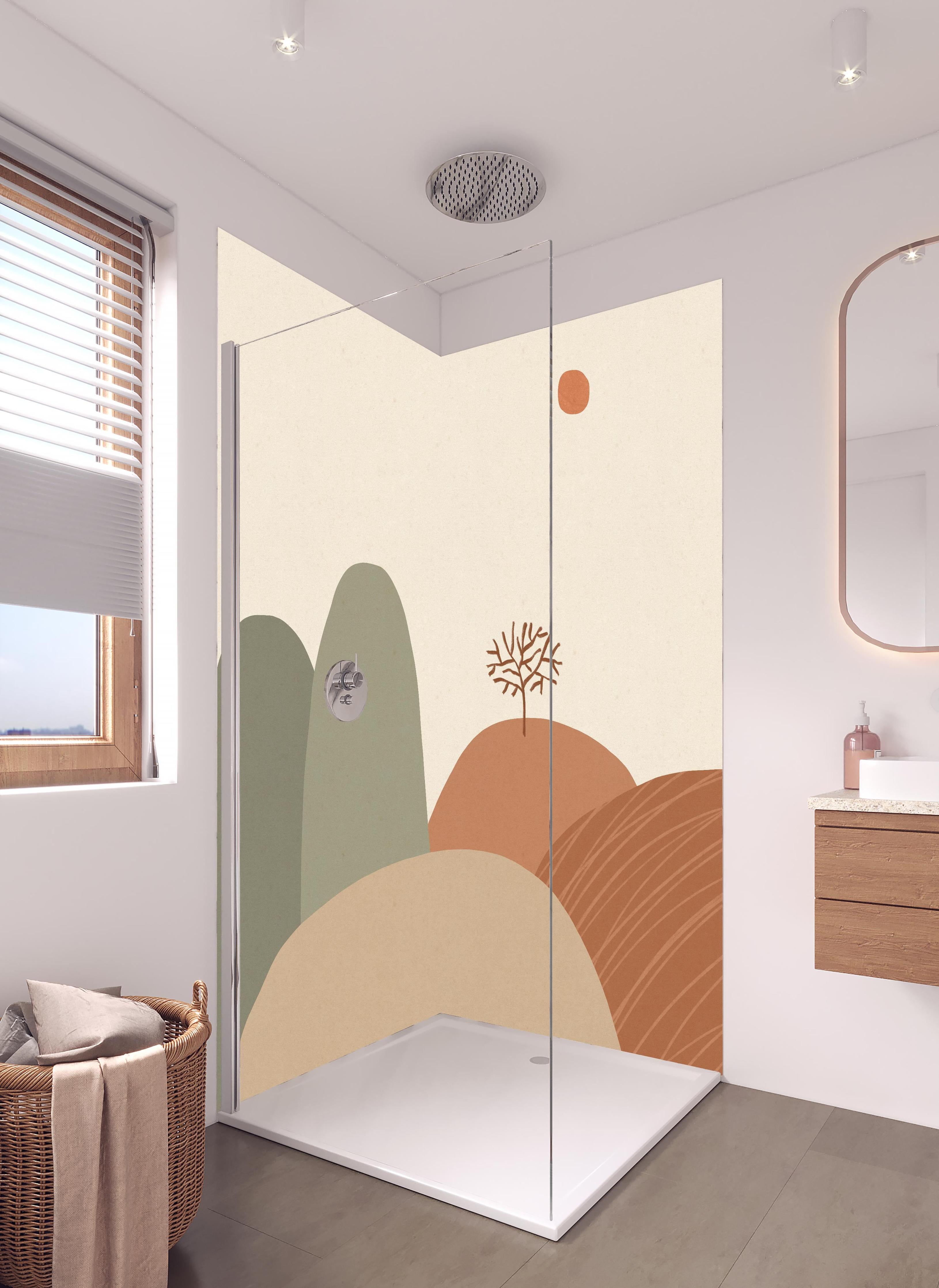 Duschrückwand - Herbstliche Berglandschaft in Mutetönen in hellem Badezimmer mit Regenduschkopf - zweiteilige Eck-Duschrückwand