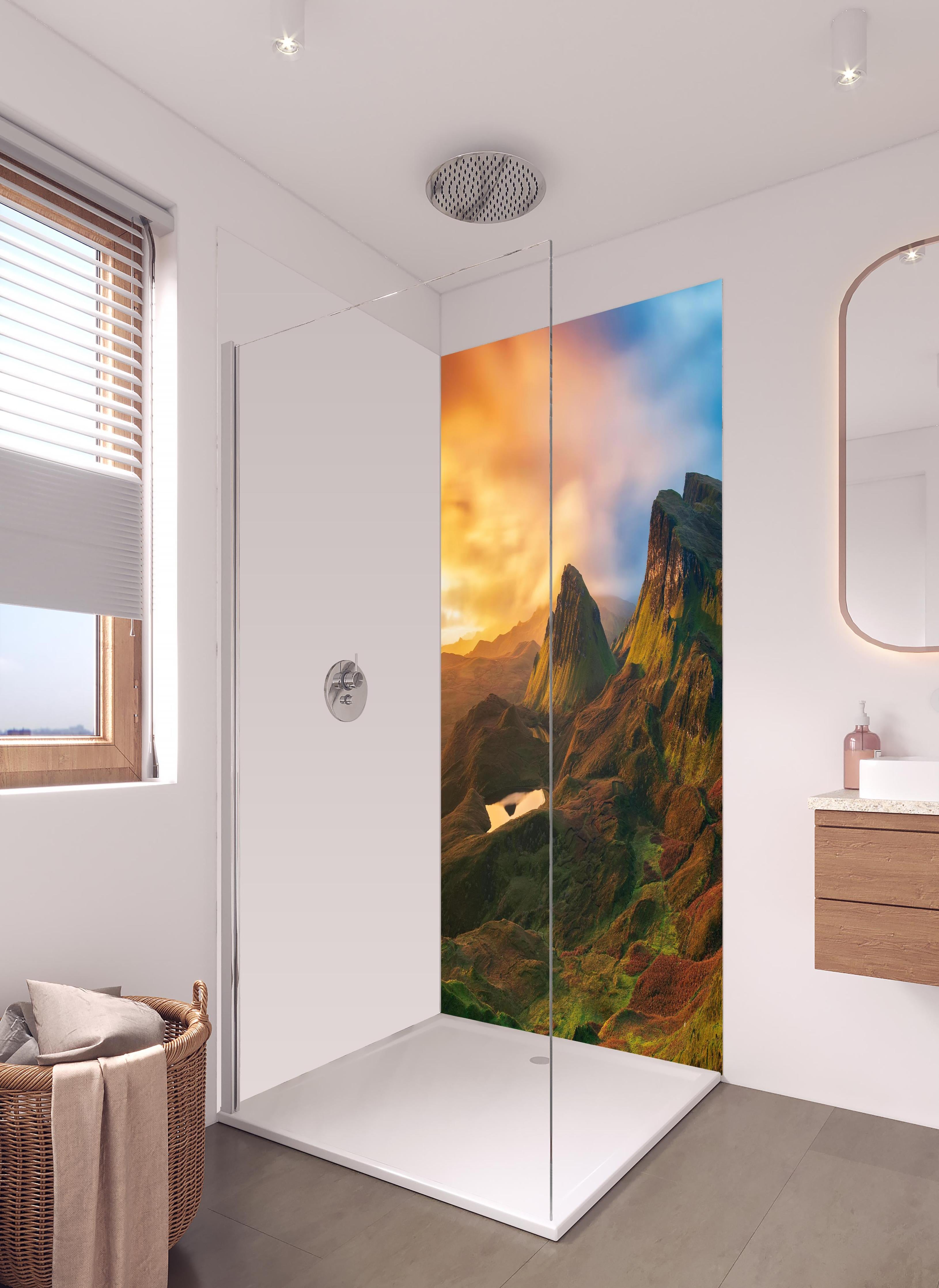 Duschrückwand - Herbstliche Dämmerung auf Isle of Skye in hellem Badezimmer mit Regenduschkopf - zweiteilige Eck-Duschrückwand