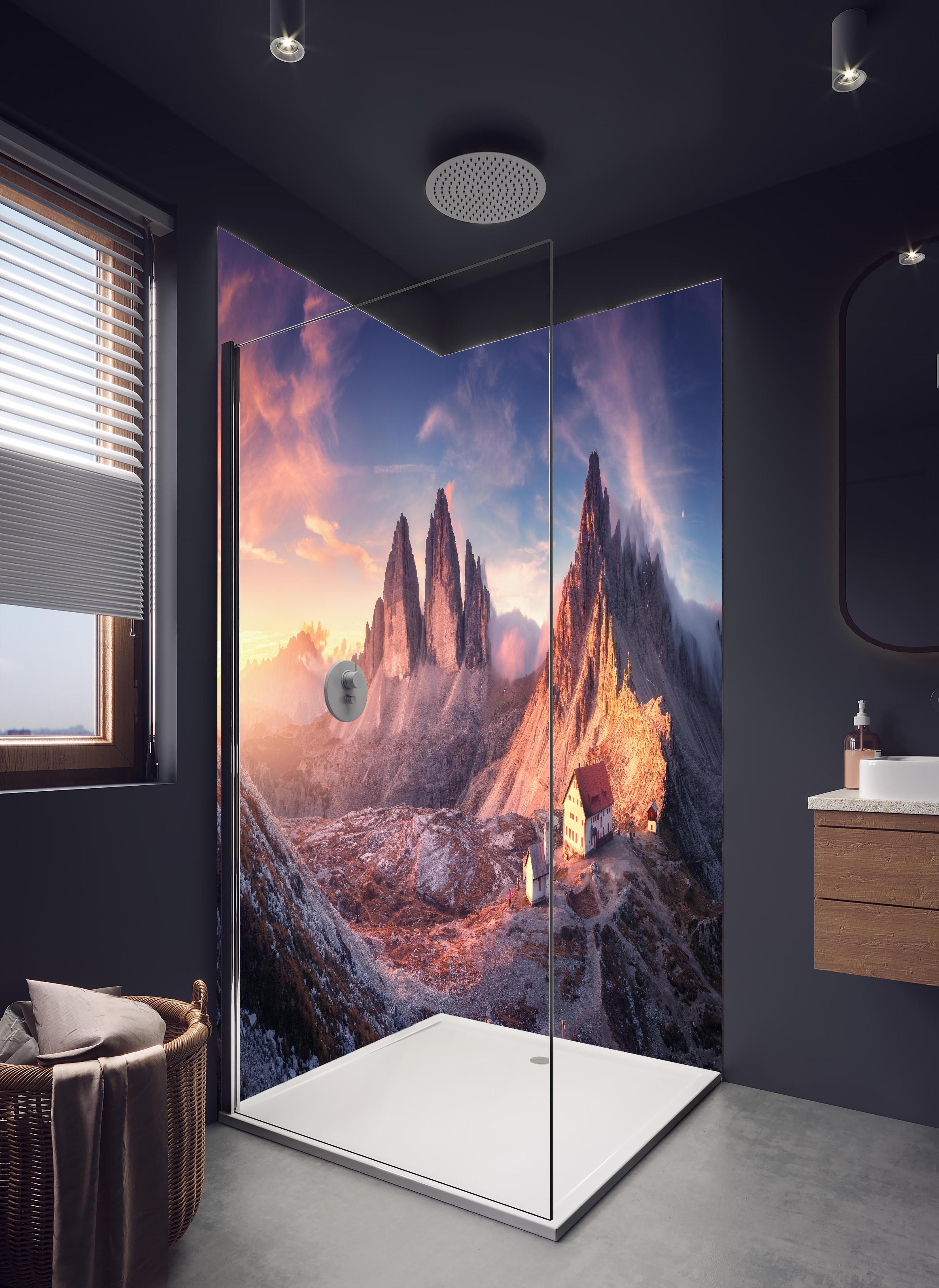 Duschrückwand - Herbstlicher Blick auf ein Bergtal in hellem Badezimmer mit Regenduschkopf - zweiteilige Eck-Duschrückwand