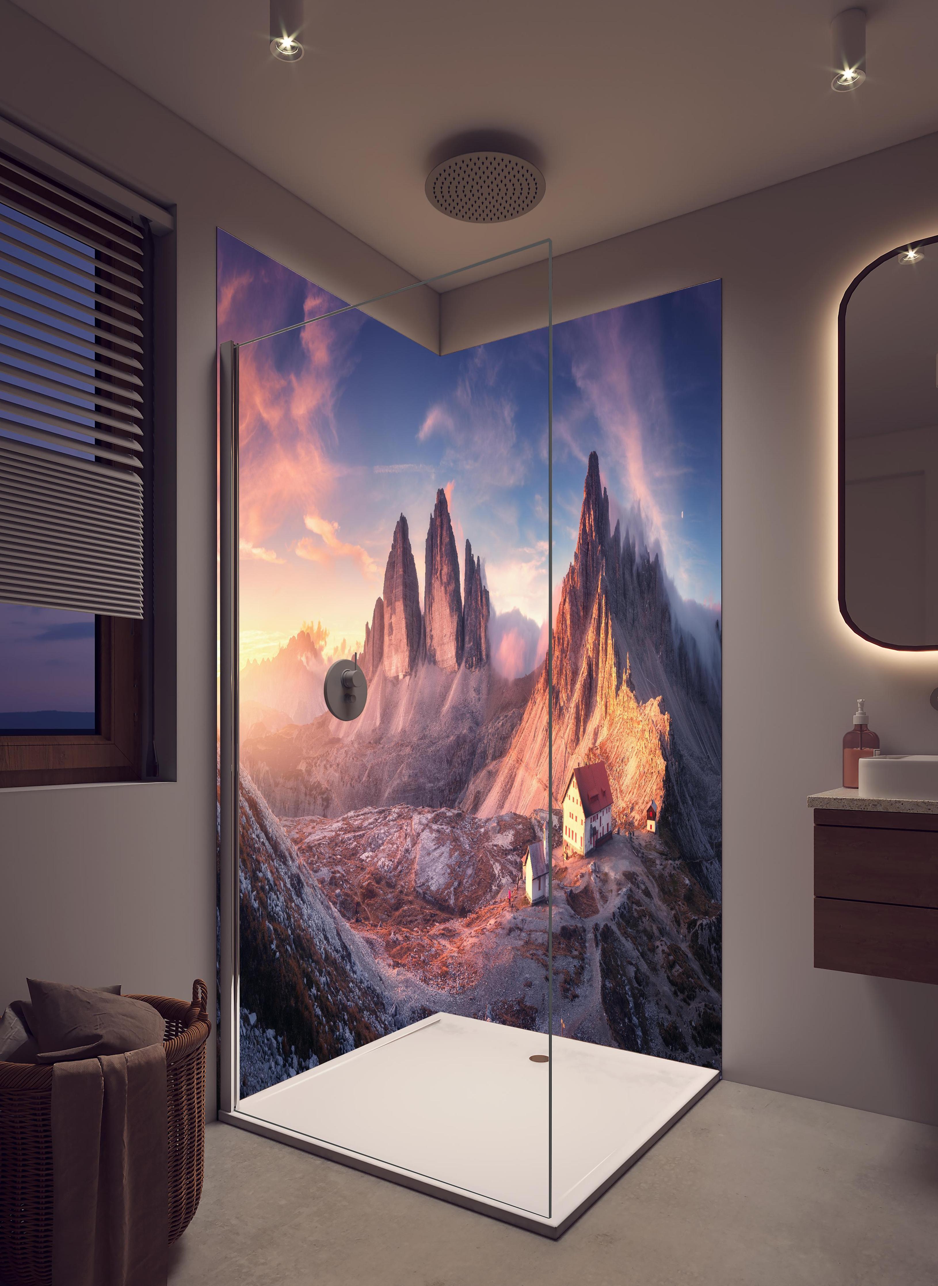 Duschrückwand - Herbstlicher Blick auf ein Bergtal in hellem Badezimmer mit Regenduschkopf - zweiteilige Eck-Duschrückwand