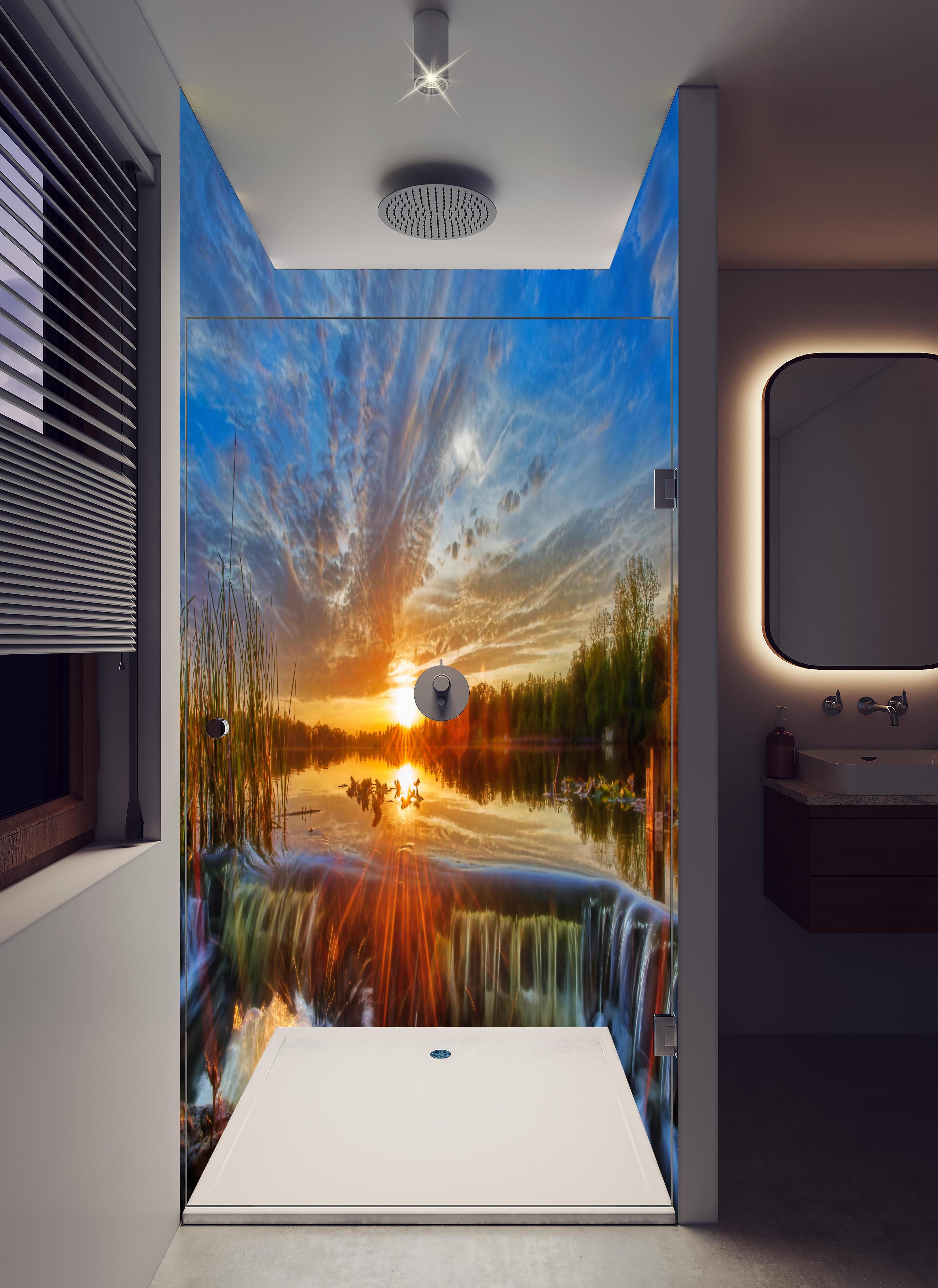 Duschrückwand - Herbstlicher Sonnenuntergang in hellem Badezimmer mit Regenduschkopf - zweiteilige Eck-Duschrückwand