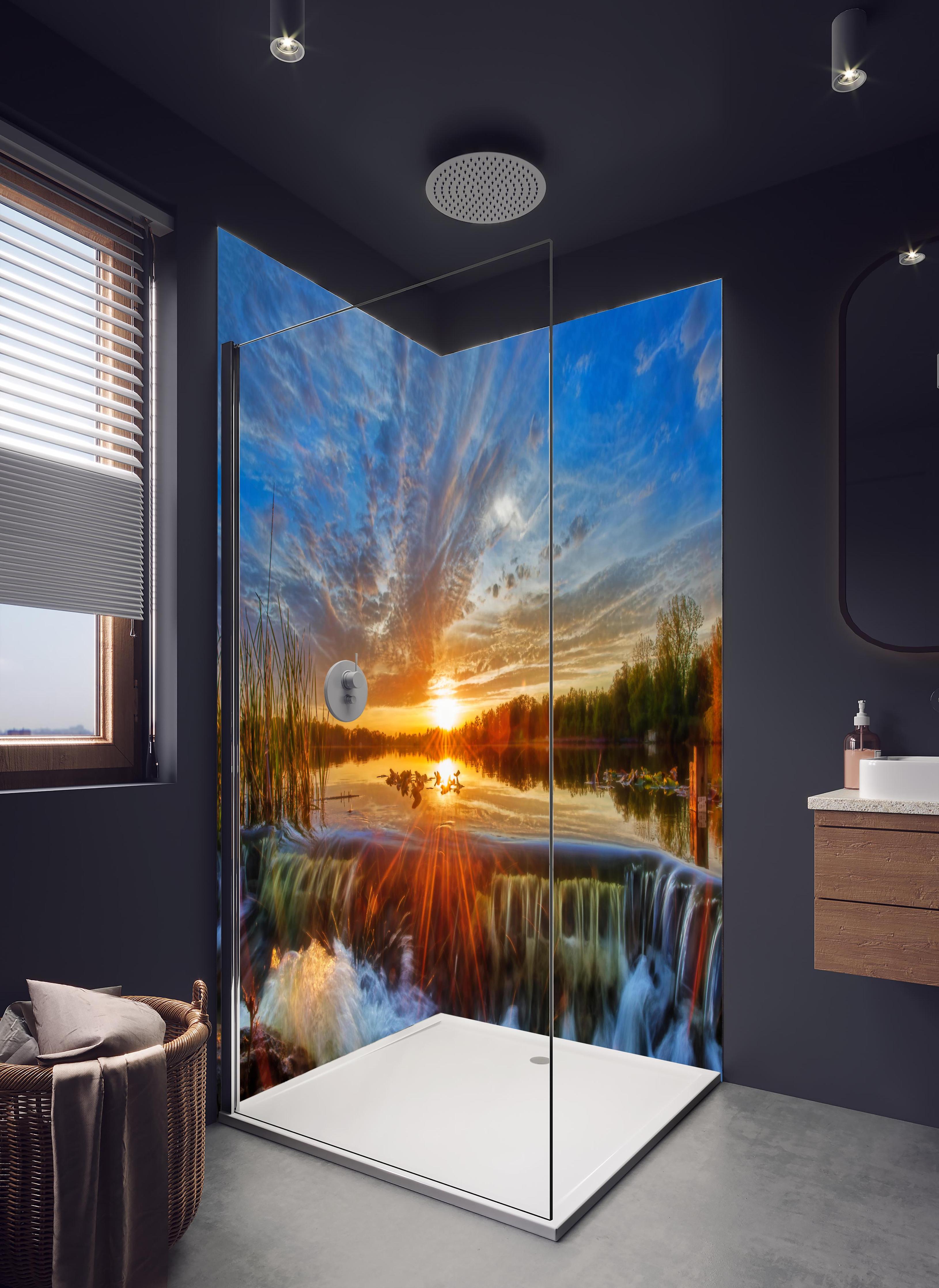 Duschrückwand - Herbstlicher Sonnenuntergang in hellem Badezimmer mit Regenduschkopf - zweiteilige Eck-Duschrückwand