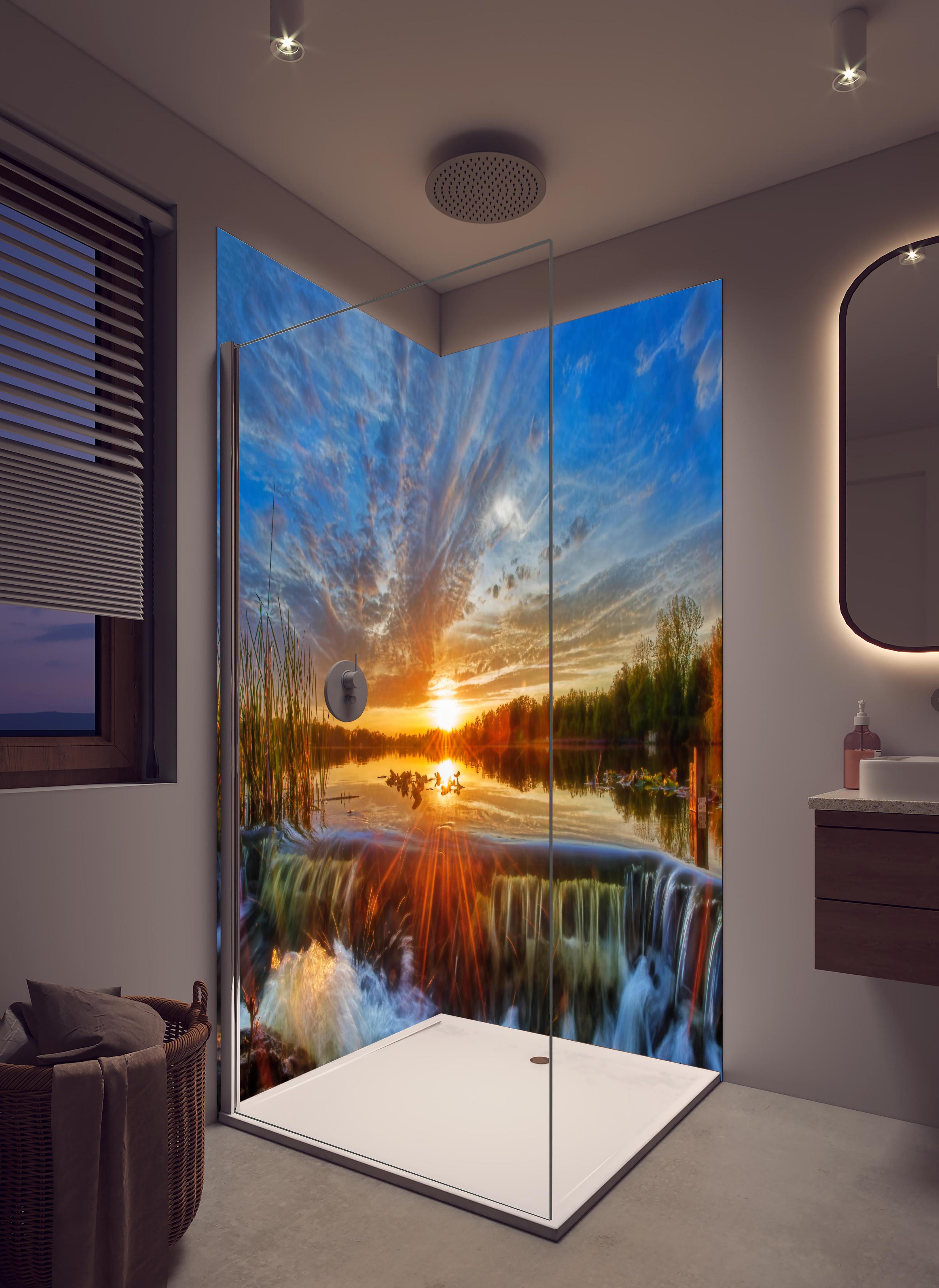 Duschrückwand - Herbstlicher Sonnenuntergang in hellem Badezimmer mit Regenduschkopf - zweiteilige Eck-Duschrückwand