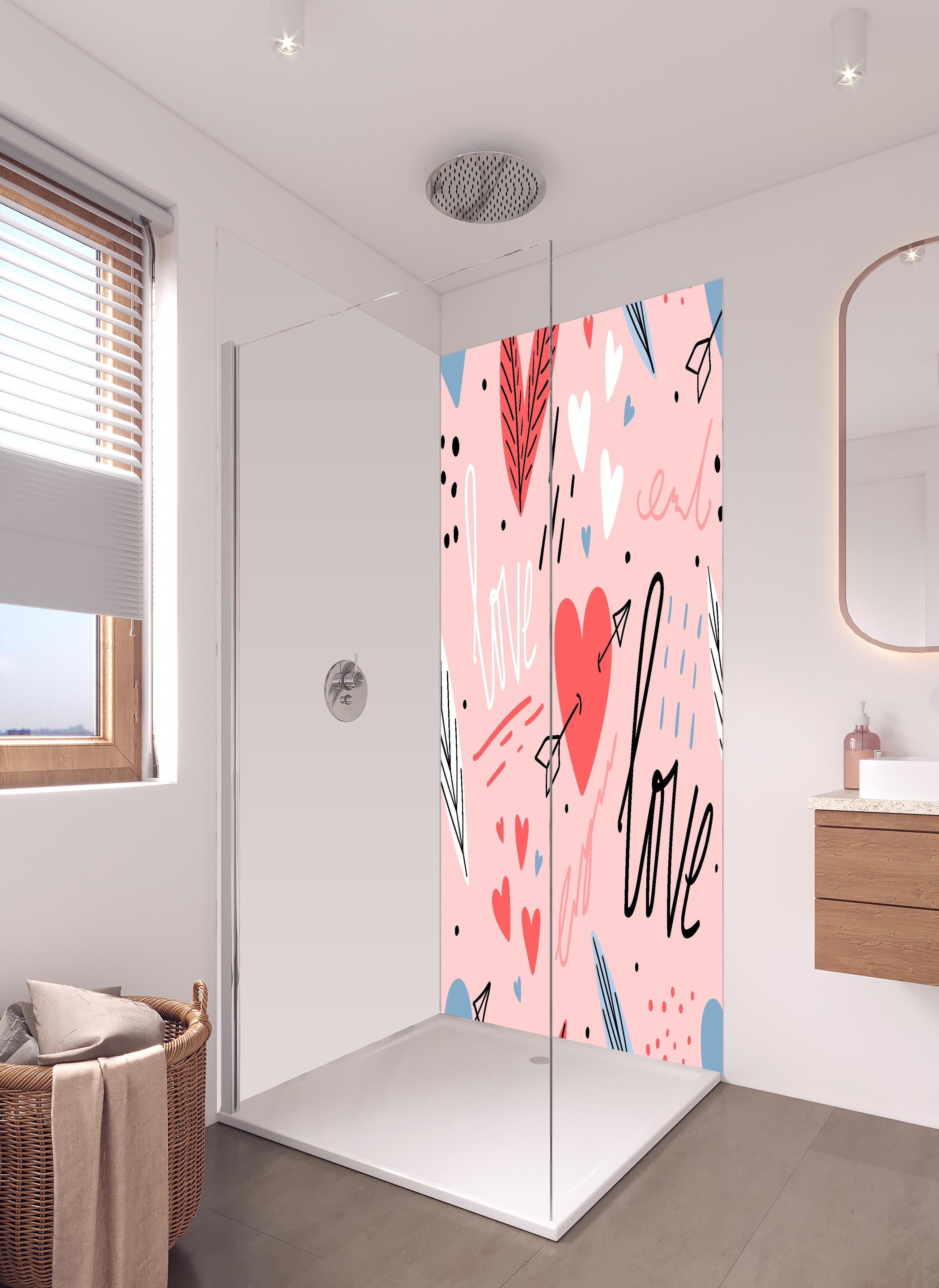 Duschrückwand - Herz und Pfeil Muster Design in Pastell in hellem Badezimmer mit Regenduschkopf - zweiteilige Eck-Duschrückwand