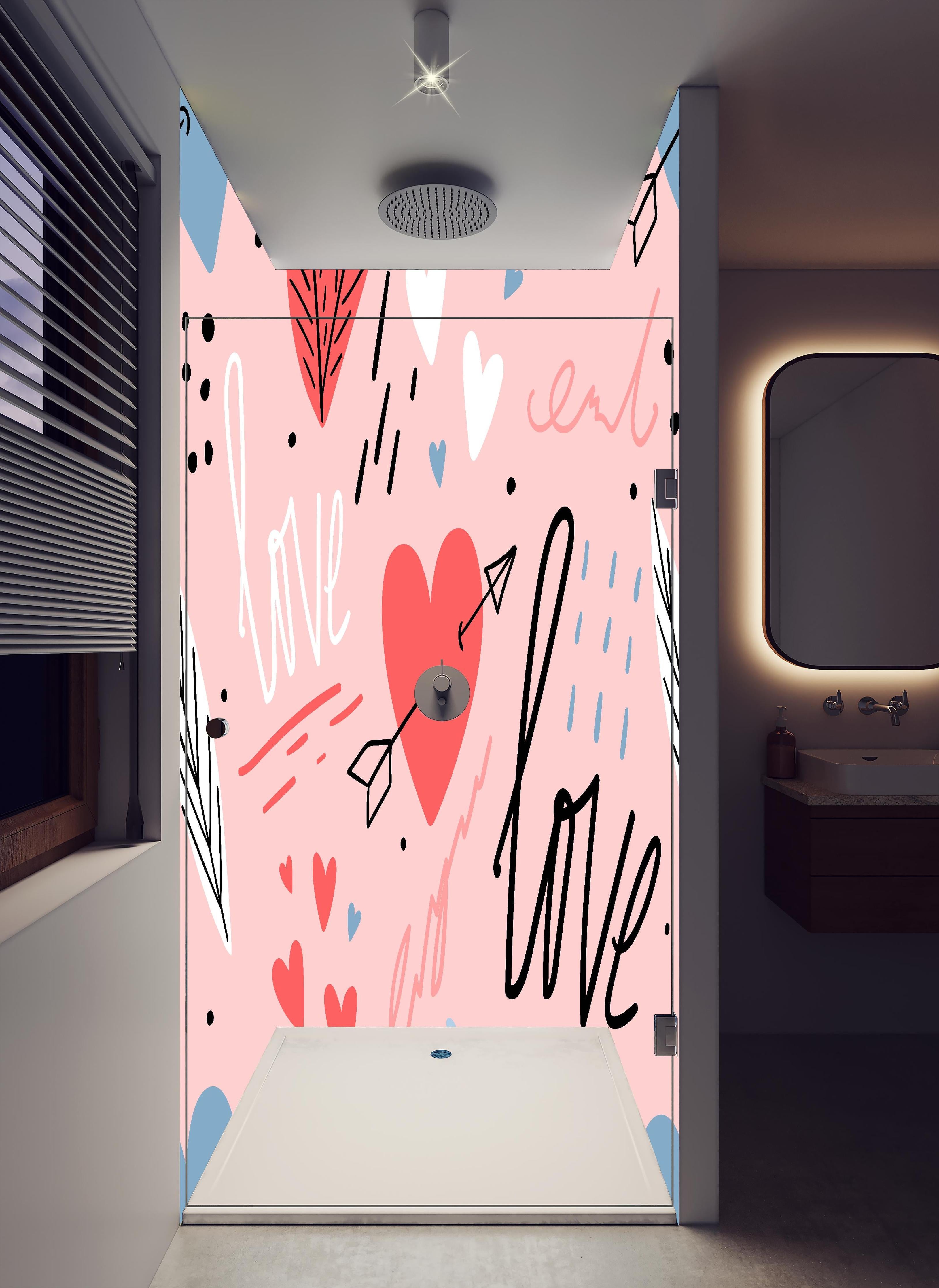 Duschrückwand - Herz und Pfeil Muster Design in Pastell in hellem Badezimmer mit Regenduschkopf - zweiteilige Eck-Duschrückwand