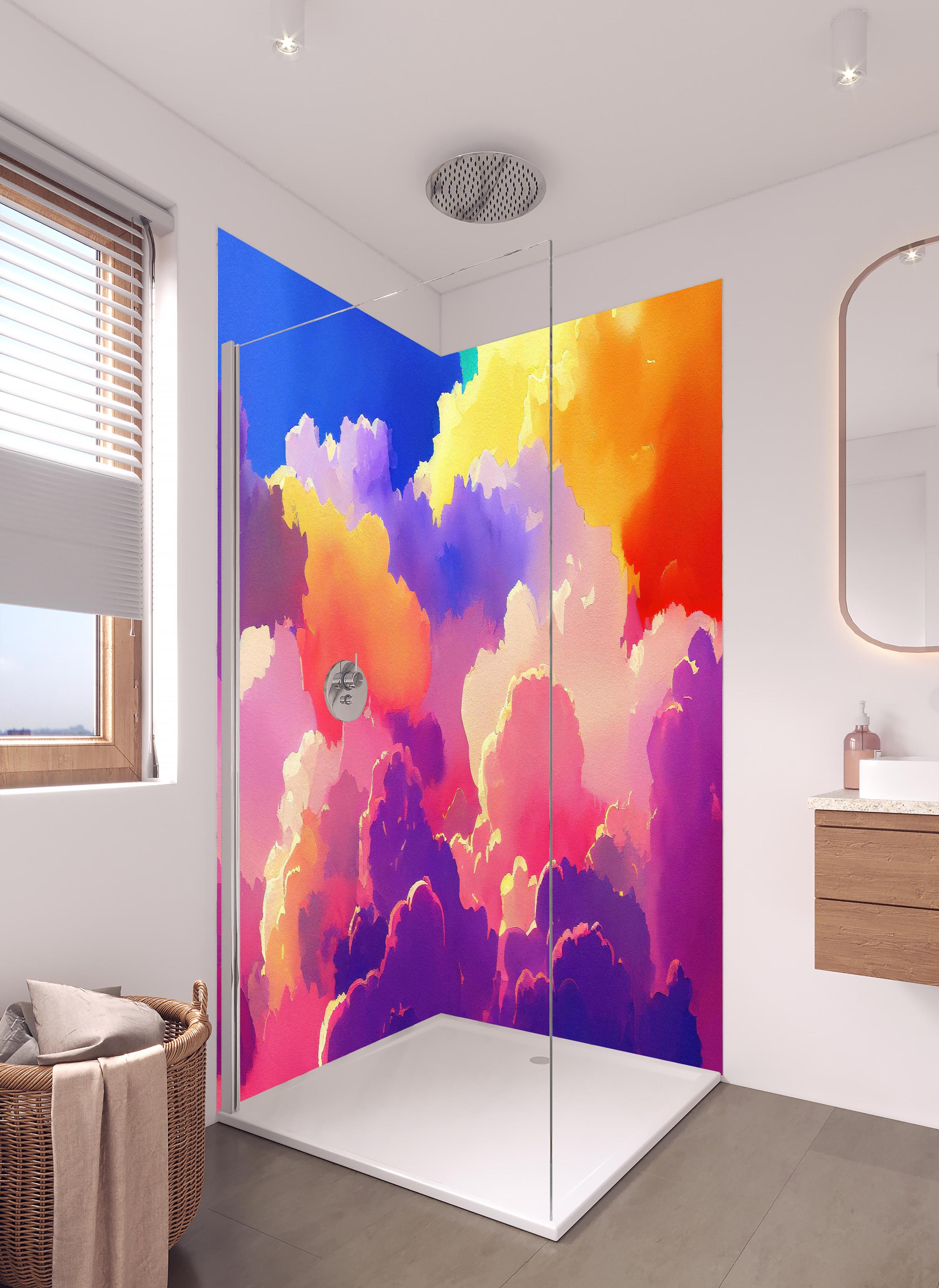 Duschrückwand - Himmel mit Wolken. Aquarell Illustration von farbigen Wolken. in hellem Badezimmer mit Regenduschkopf - zweiteilige Eck-Duschrückwand