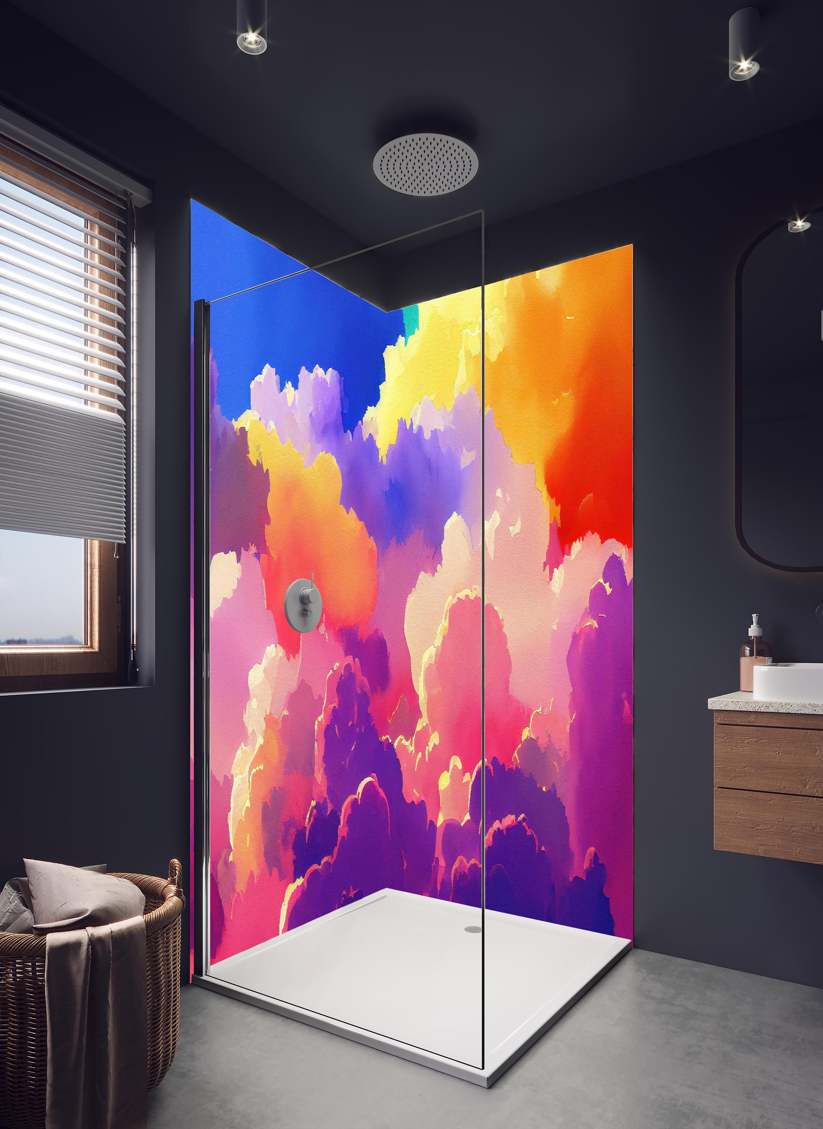 Duschrückwand - Himmel mit Wolken. Aquarell Illustration von farbigen Wolken. in hellem Badezimmer mit Regenduschkopf - zweiteilige Eck-Duschrückwand