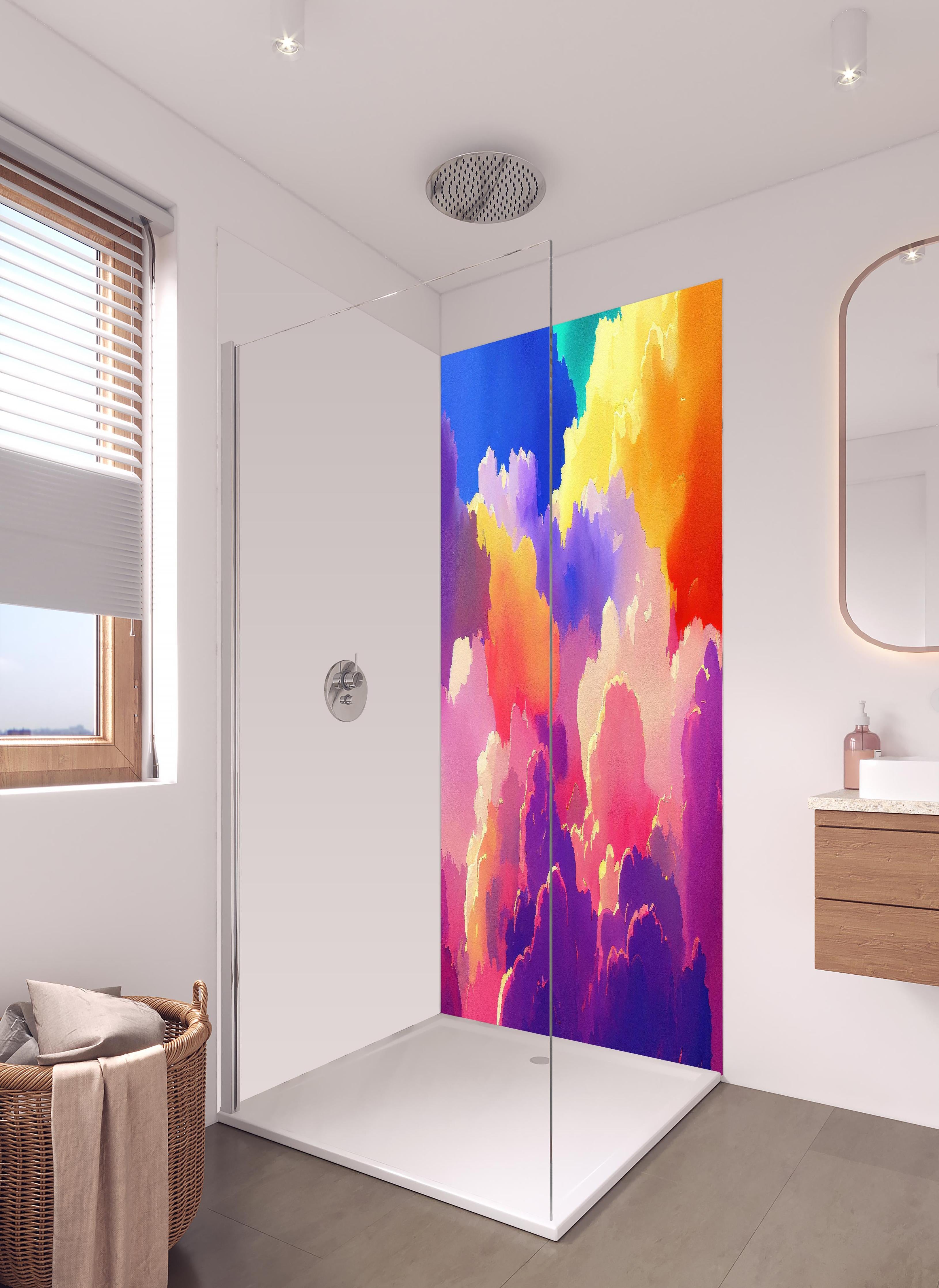 Duschrückwand - Himmel mit Wolken. Aquarell Illustration von farbigen Wolken. in hellem Badezimmer mit Regenduschkopf - zweiteilige Eck-Duschrückwand
