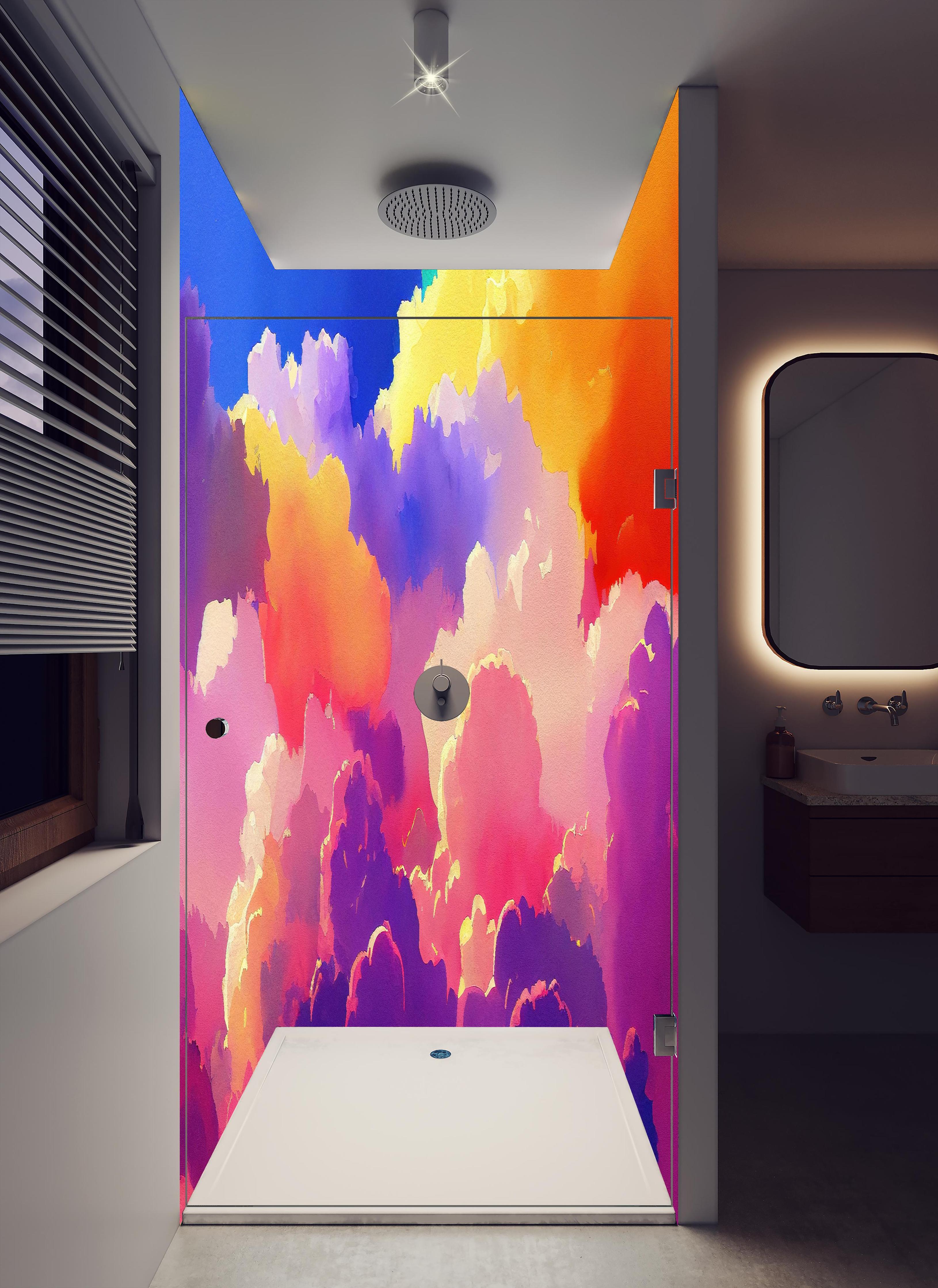 Duschrückwand - Himmel mit Wolken. Aquarell Illustration von farbigen Wolken. in hellem Badezimmer mit Regenduschkopf - zweiteilige Eck-Duschrückwand