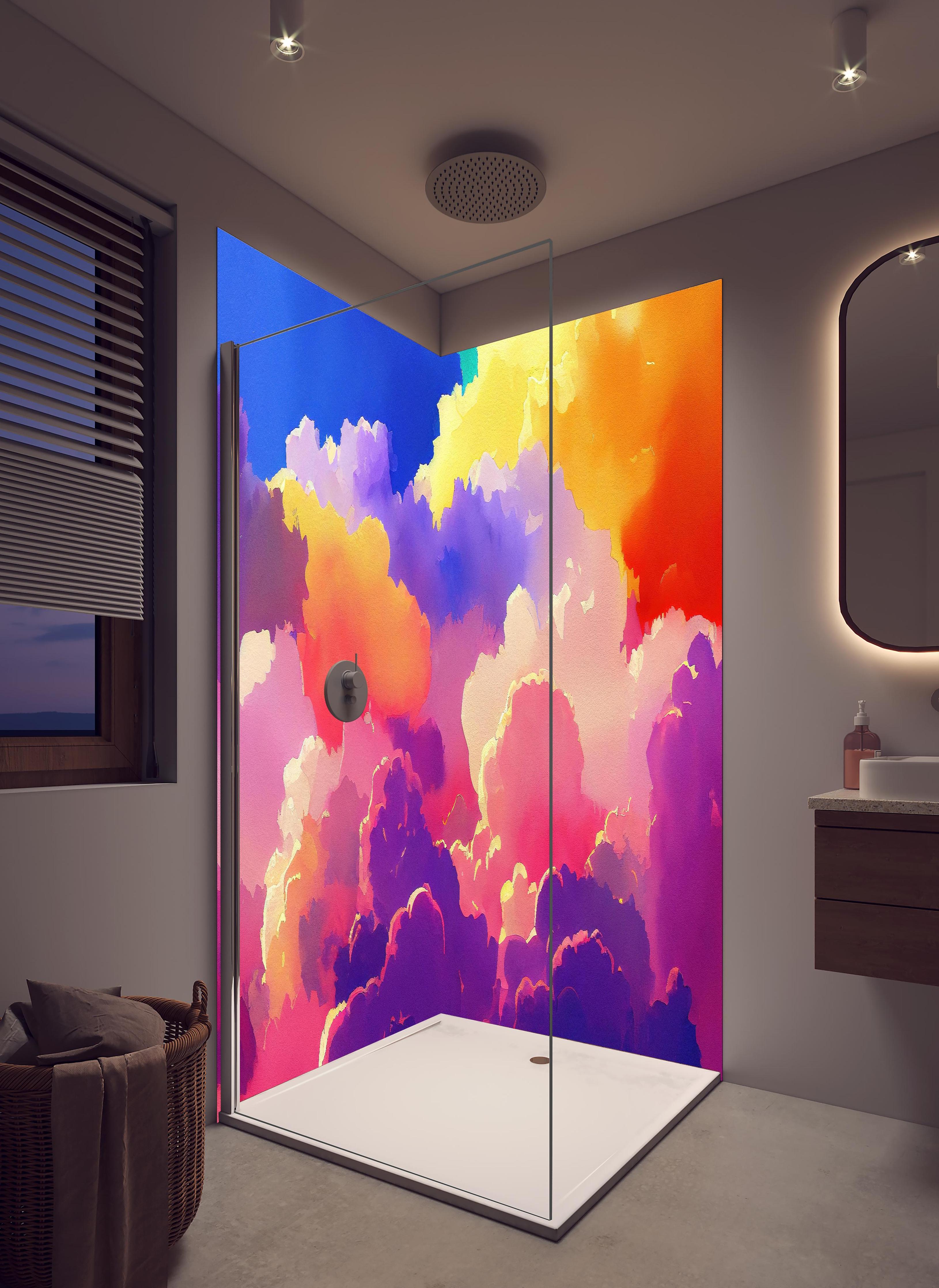 Duschrückwand - Himmel mit Wolken. Aquarell Illustration von farbigen Wolken. in hellem Badezimmer mit Regenduschkopf - zweiteilige Eck-Duschrückwand