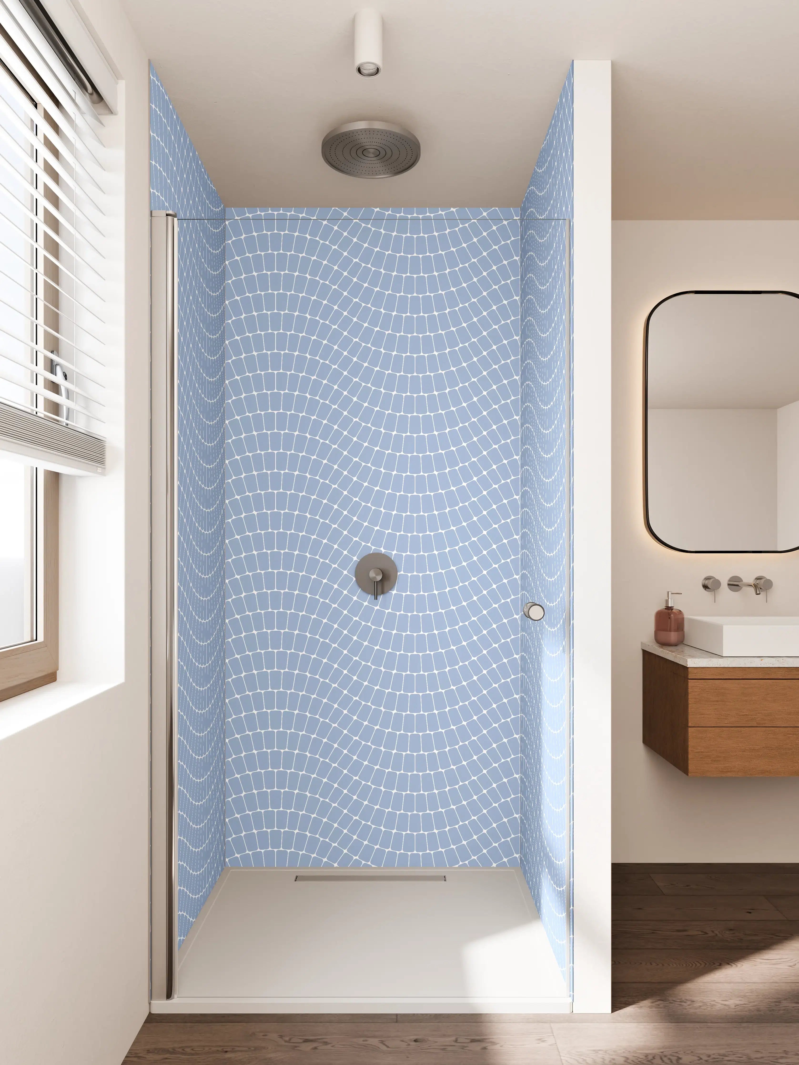 Duschrückwand - Himmelblauer Mosaik-Muster mit feinen weißen Linien