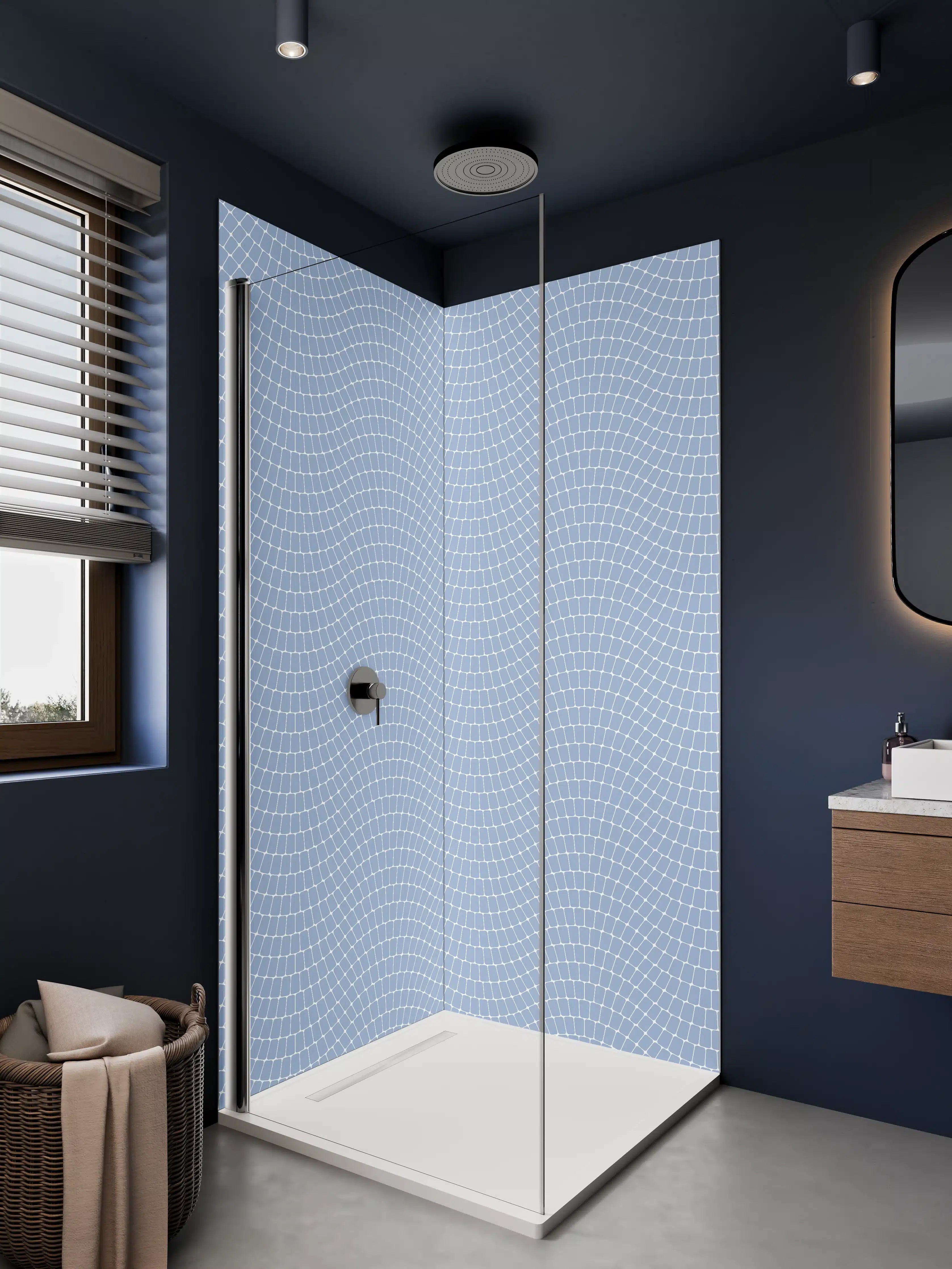 Duschrückwand - Himmelblauer Mosaik-Muster mit feinen weißen Linien