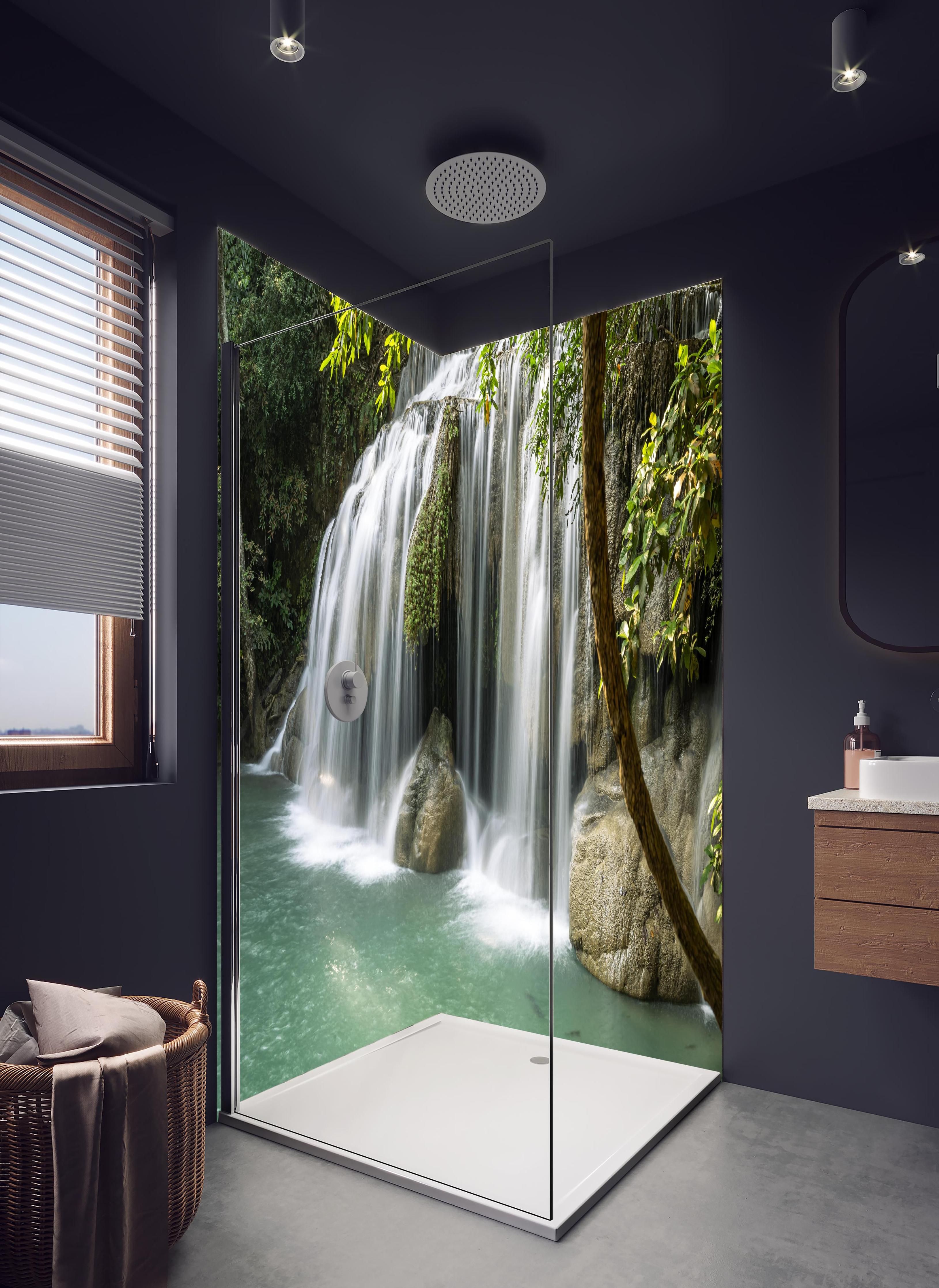 Duschrückwand - Himmlischer Erawan-Wasserfall - Thailand in hellem Badezimmer mit Regenduschkopf - zweiteilige Eck-Duschrückwand