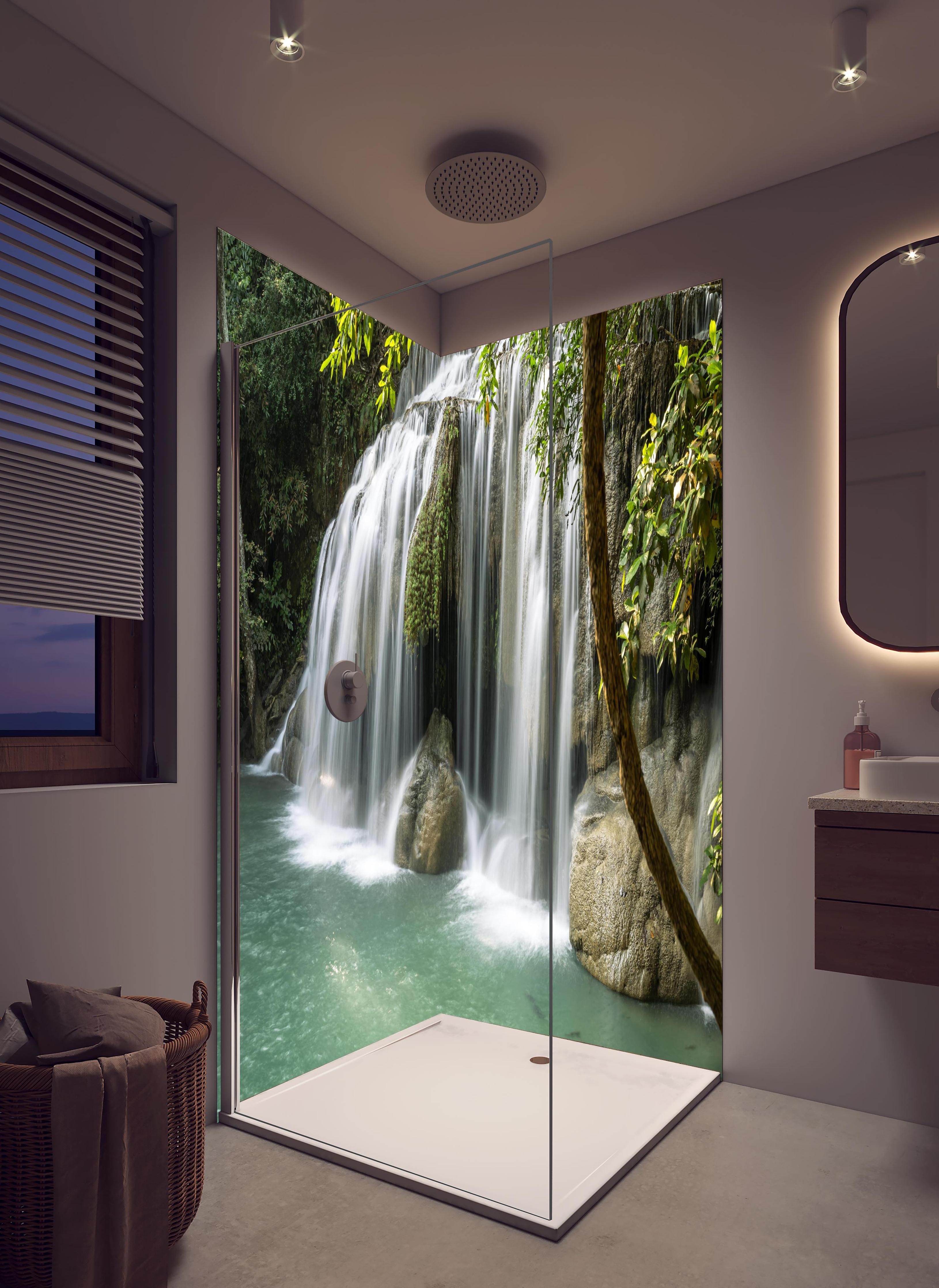 Duschrückwand - Himmlischer Erawan-Wasserfall - Thailand in hellem Badezimmer mit Regenduschkopf - zweiteilige Eck-Duschrückwand