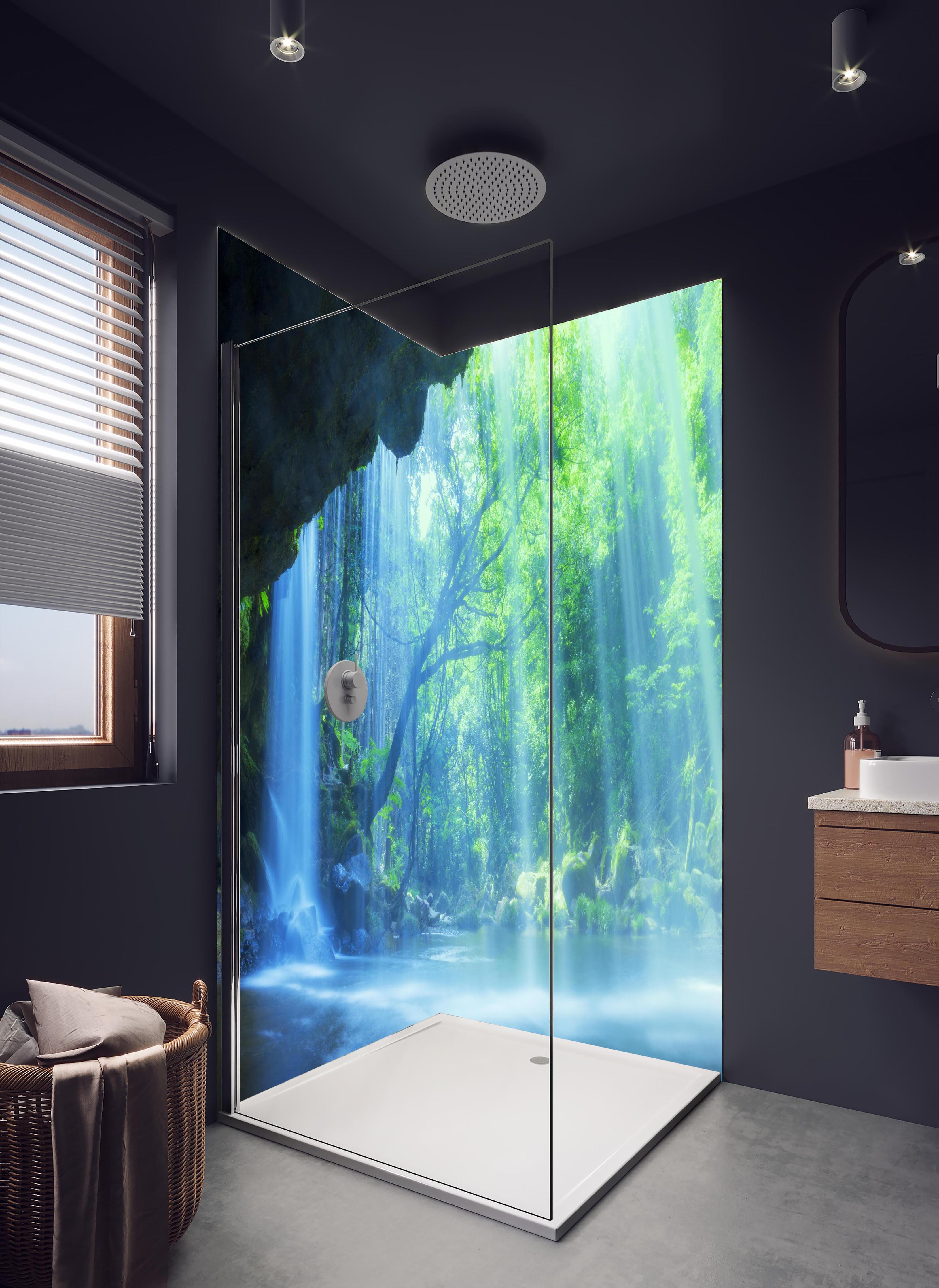 Duschrückwand - Hinter Nabigataki-Wasserfall Ansicht in hellem Badezimmer mit Regenduschkopf - zweiteilige Eck-Duschrückwand