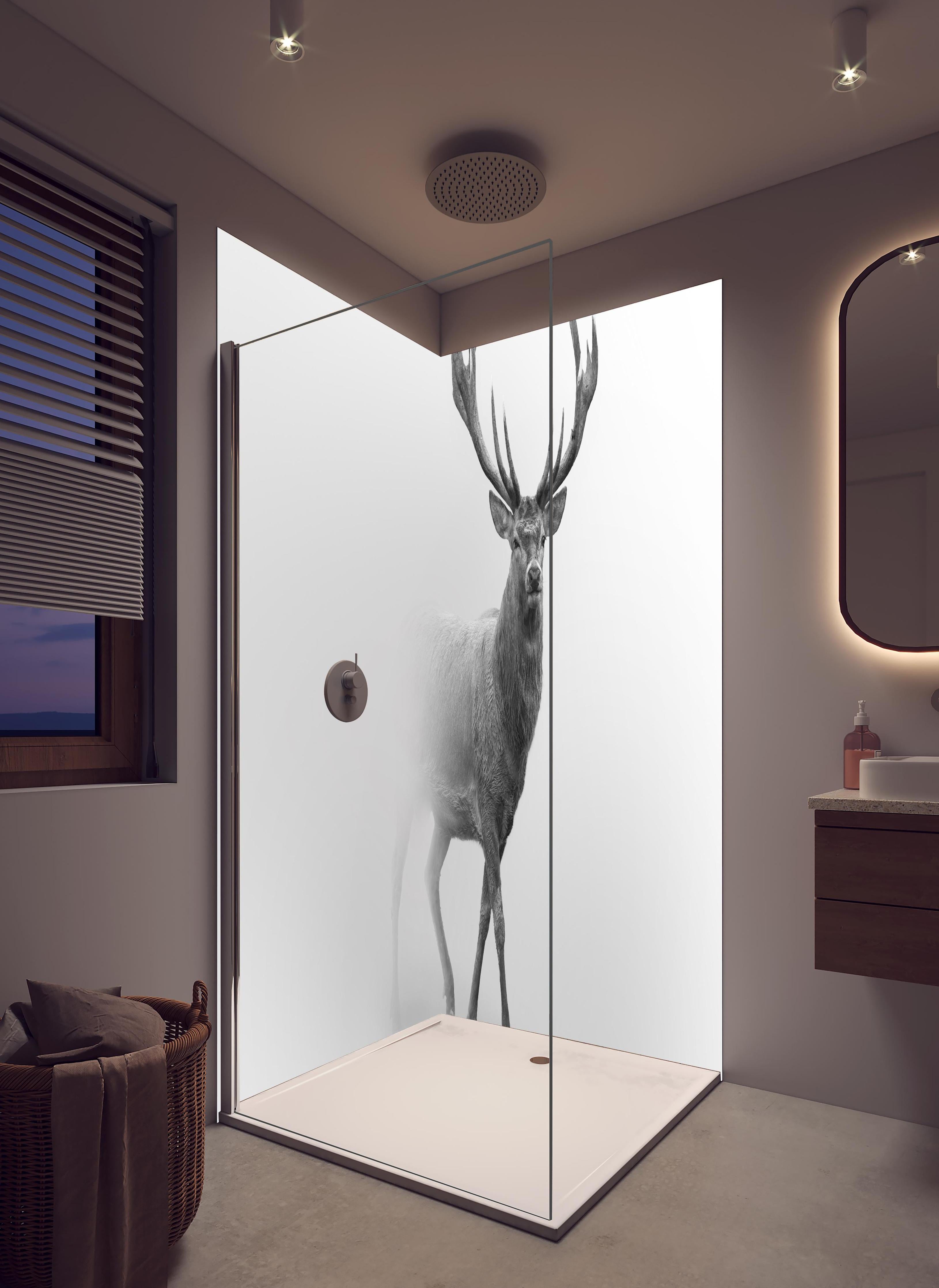 Duschrückwand - Hirsch Graustufenbild in hellem Badezimmer mit Regenduschkopf - zweiteilige Eck-Duschrückwand