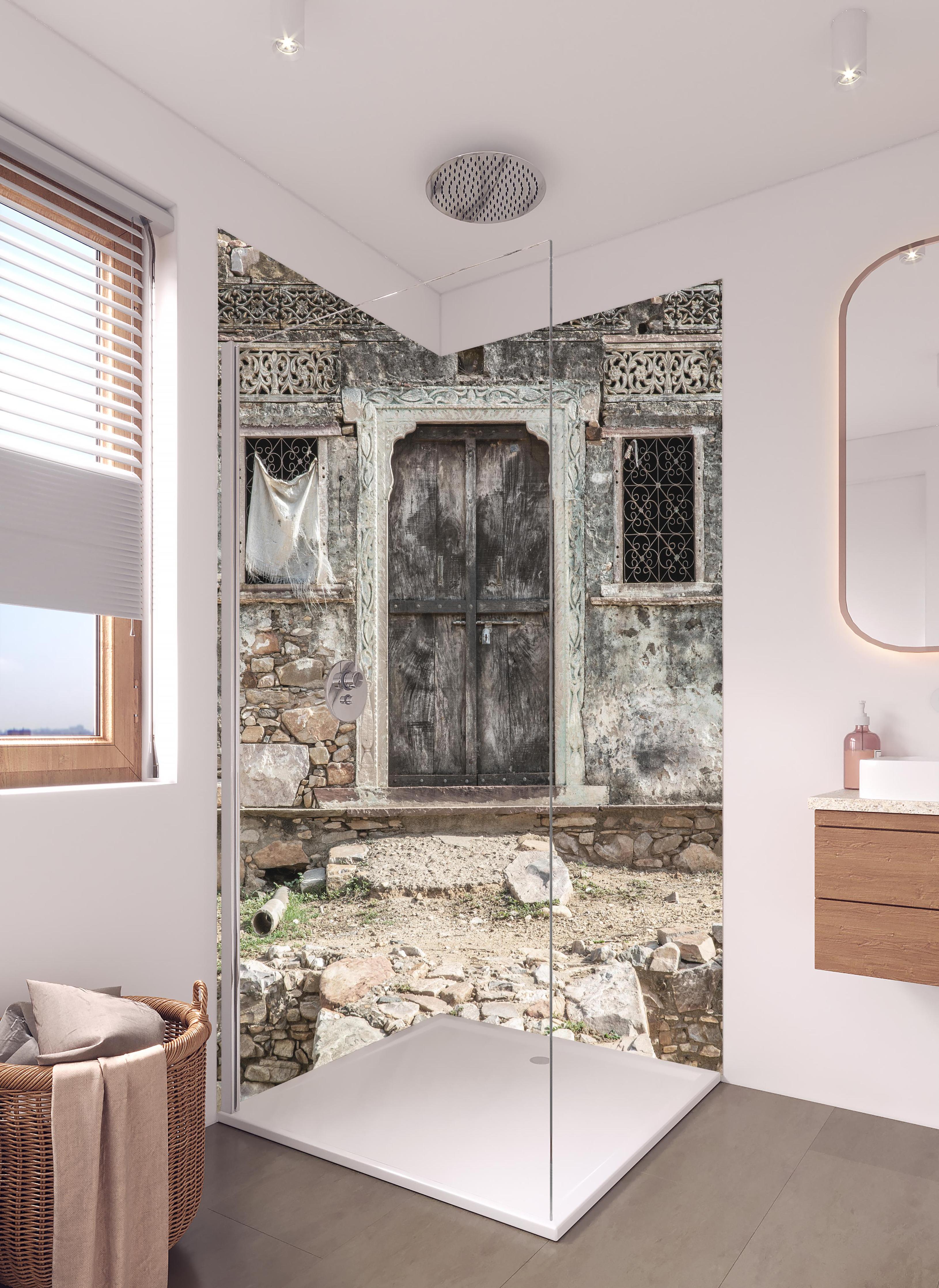 Duschrückwand - Historische Architektur - Eingang in hellem Badezimmer mit Regenduschkopf - zweiteilige Eck-Duschrückwand