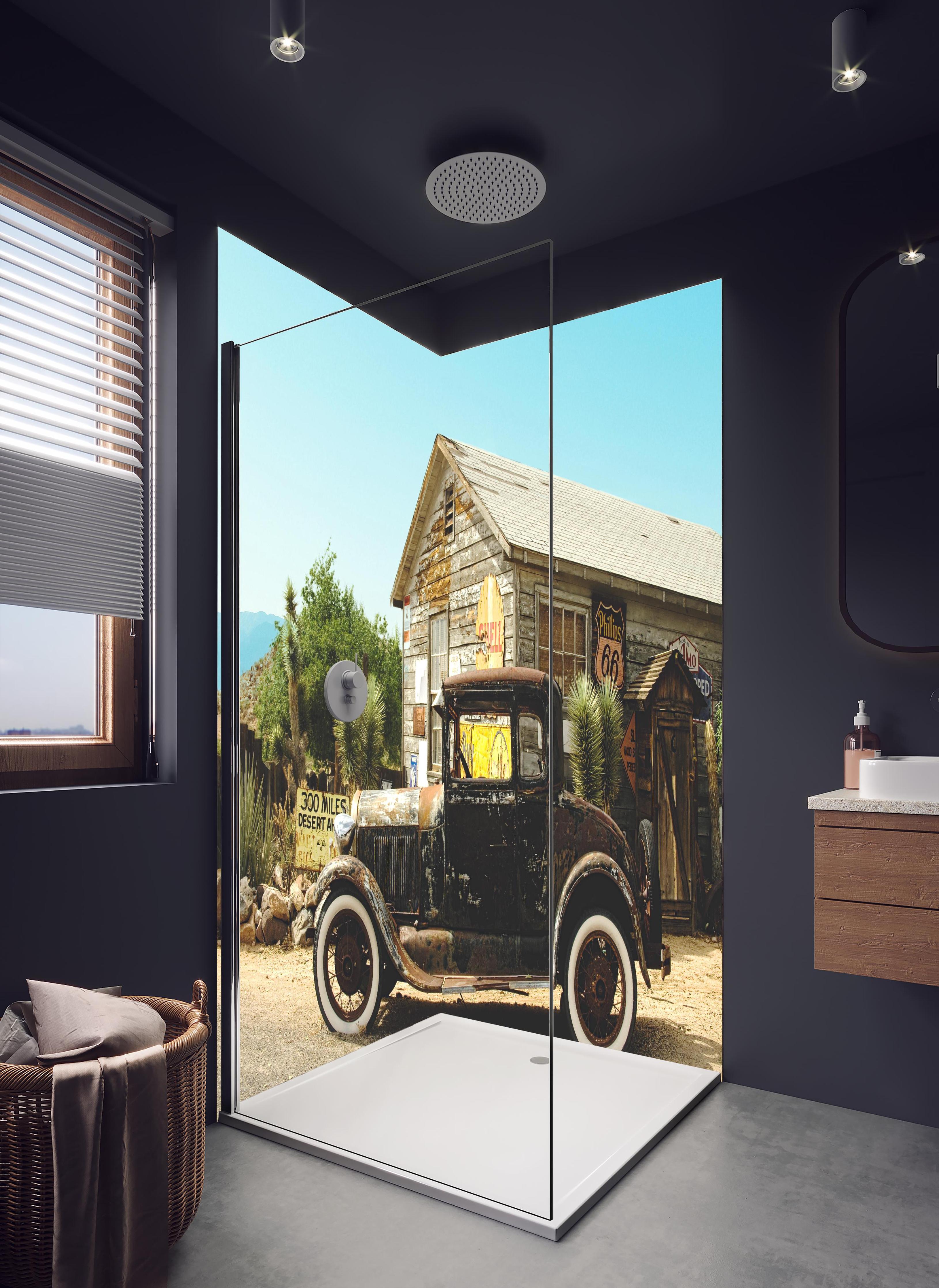 Duschrückwand - Historischer Oldtimer vor Arizona-Gebäude in hellem Badezimmer mit Regenduschkopf - zweiteilige Eck-Duschrückwand