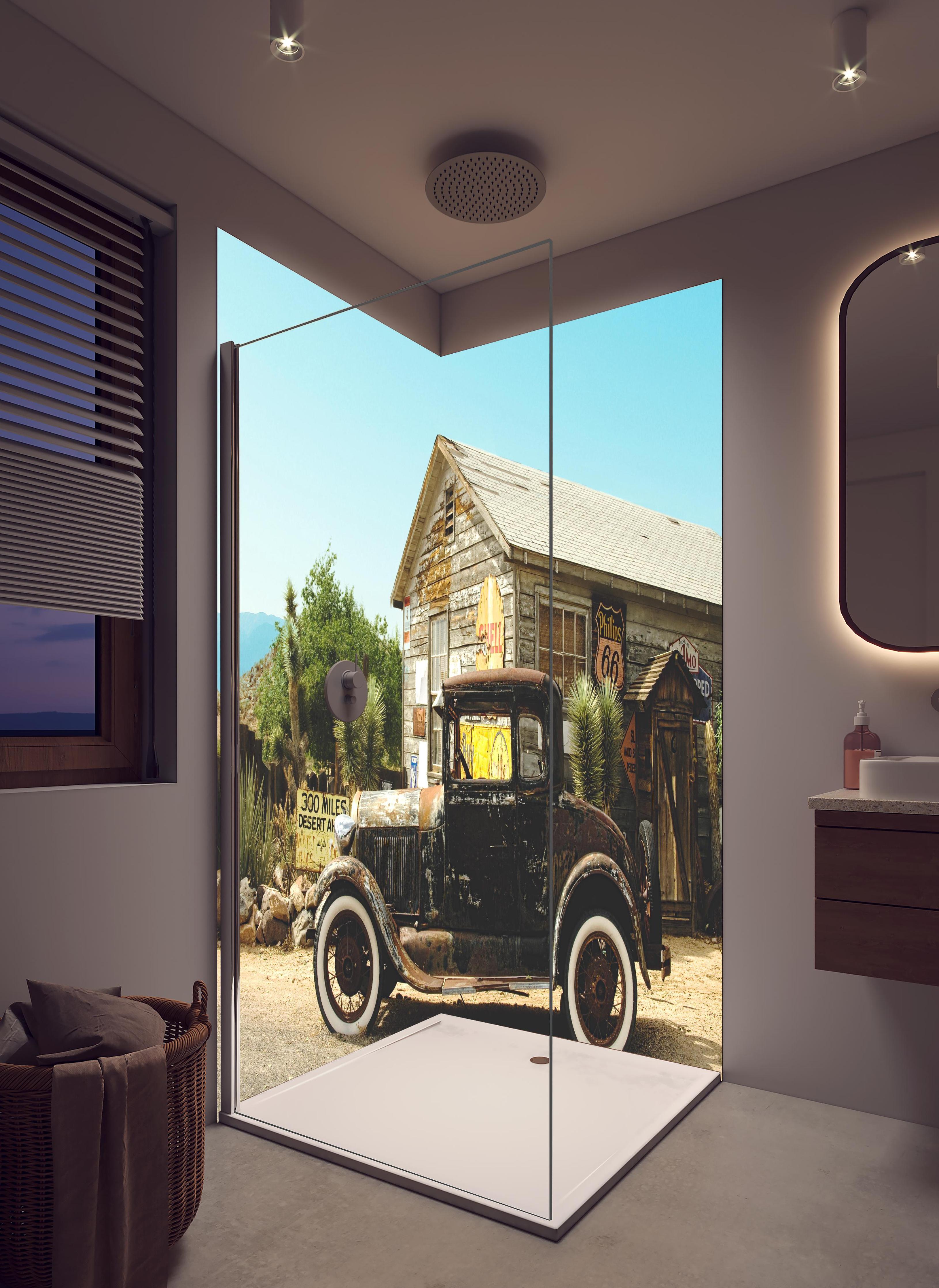 Duschrückwand - Historischer Oldtimer vor Arizona-Gebäude in hellem Badezimmer mit Regenduschkopf - zweiteilige Eck-Duschrückwand