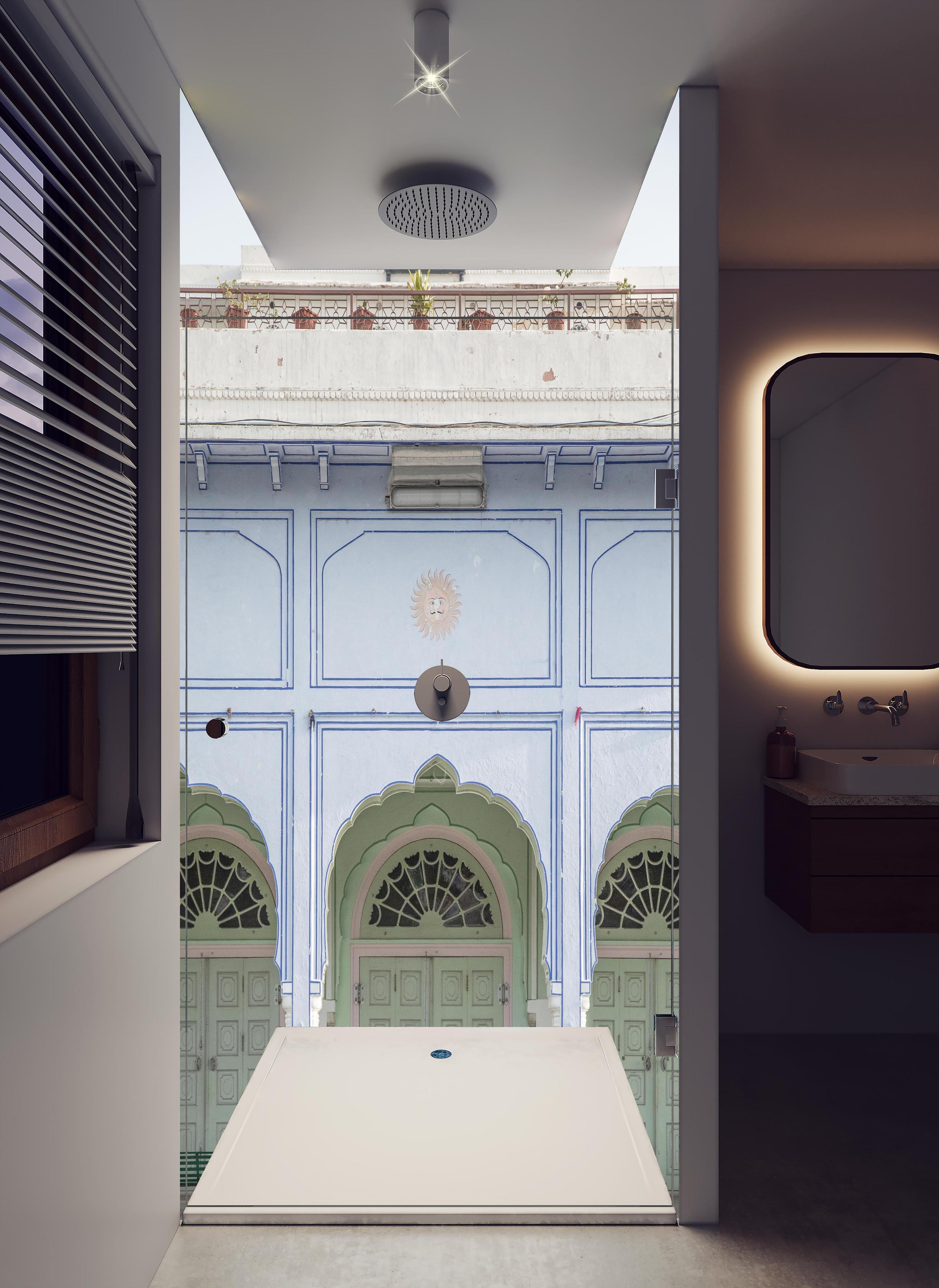 Duschrückwand - Historischer Palast - Eingang in hellem Badezimmer mit Regenduschkopf - zweiteilige Eck-Duschrückwand