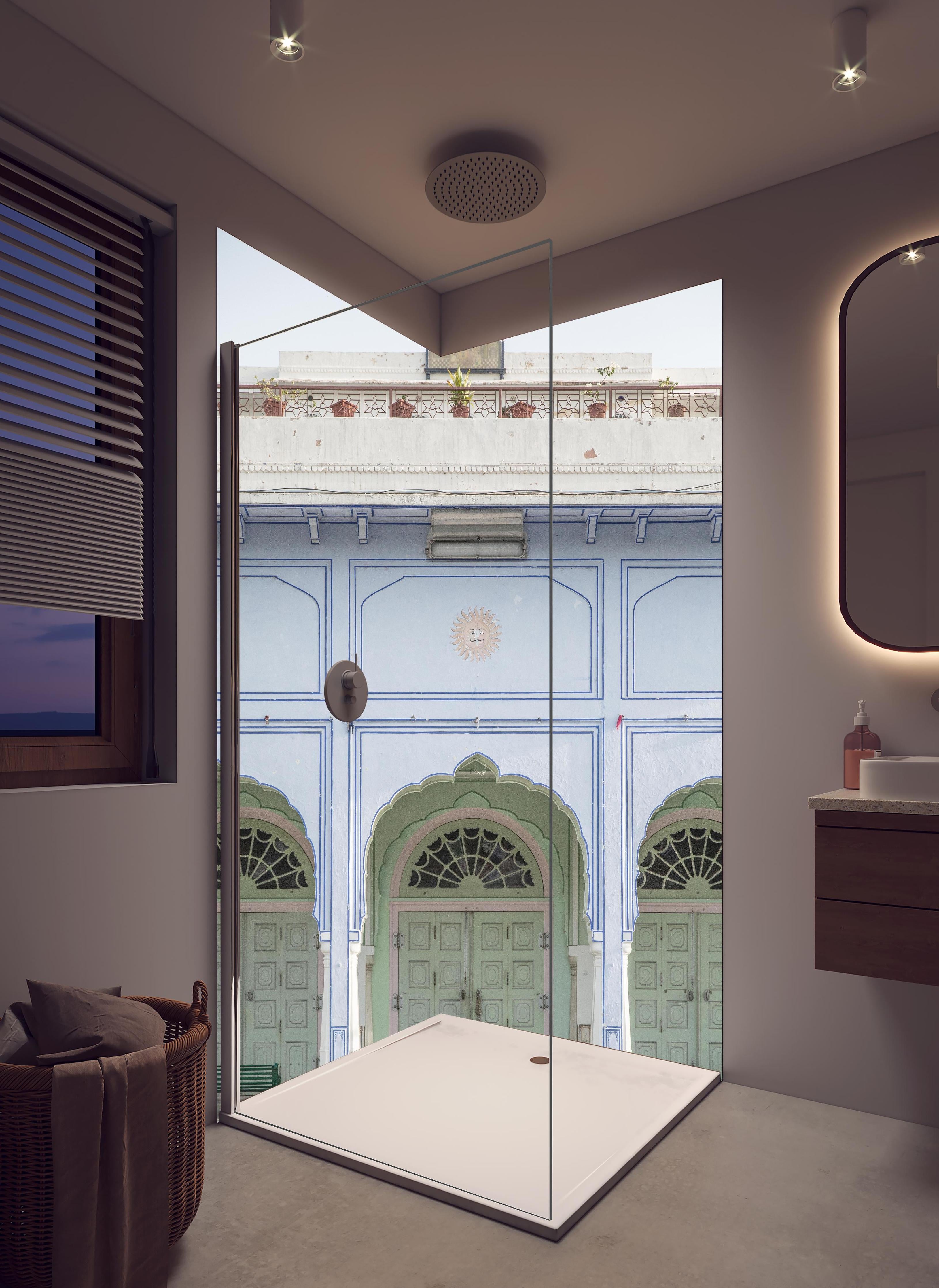 Duschrückwand - Historischer Palast - Eingang in hellem Badezimmer mit Regenduschkopf - zweiteilige Eck-Duschrückwand