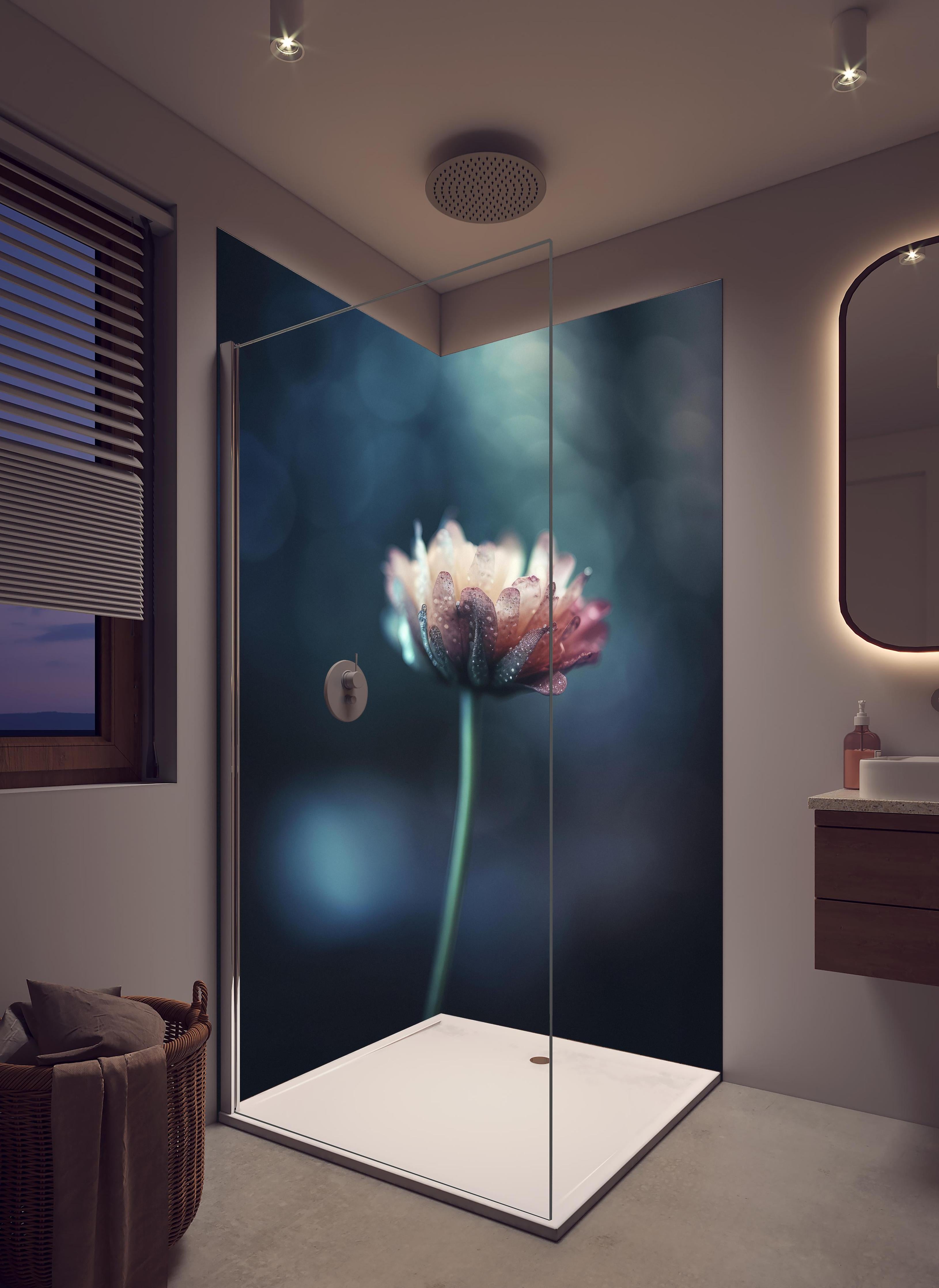 Duschrückwand - Hochauflösende Blume - verschwommen in hellem Badezimmer mit Regenduschkopf - zweiteilige Eck-Duschrückwand