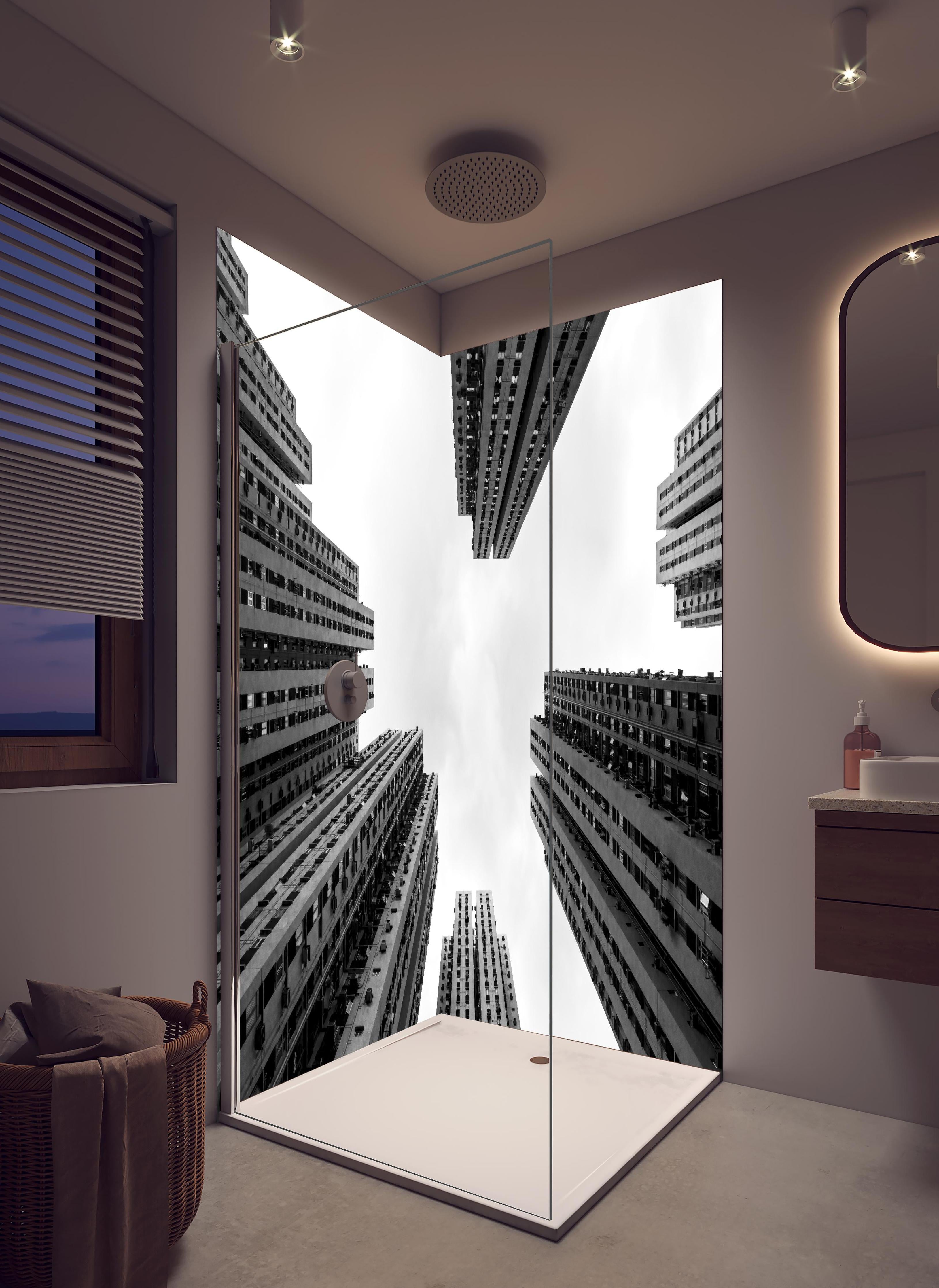 Duschrückwand - Hochhäuser - Schwarz-weiß in hellem Badezimmer mit Regenduschkopf - zweiteilige Eck-Duschrückwand