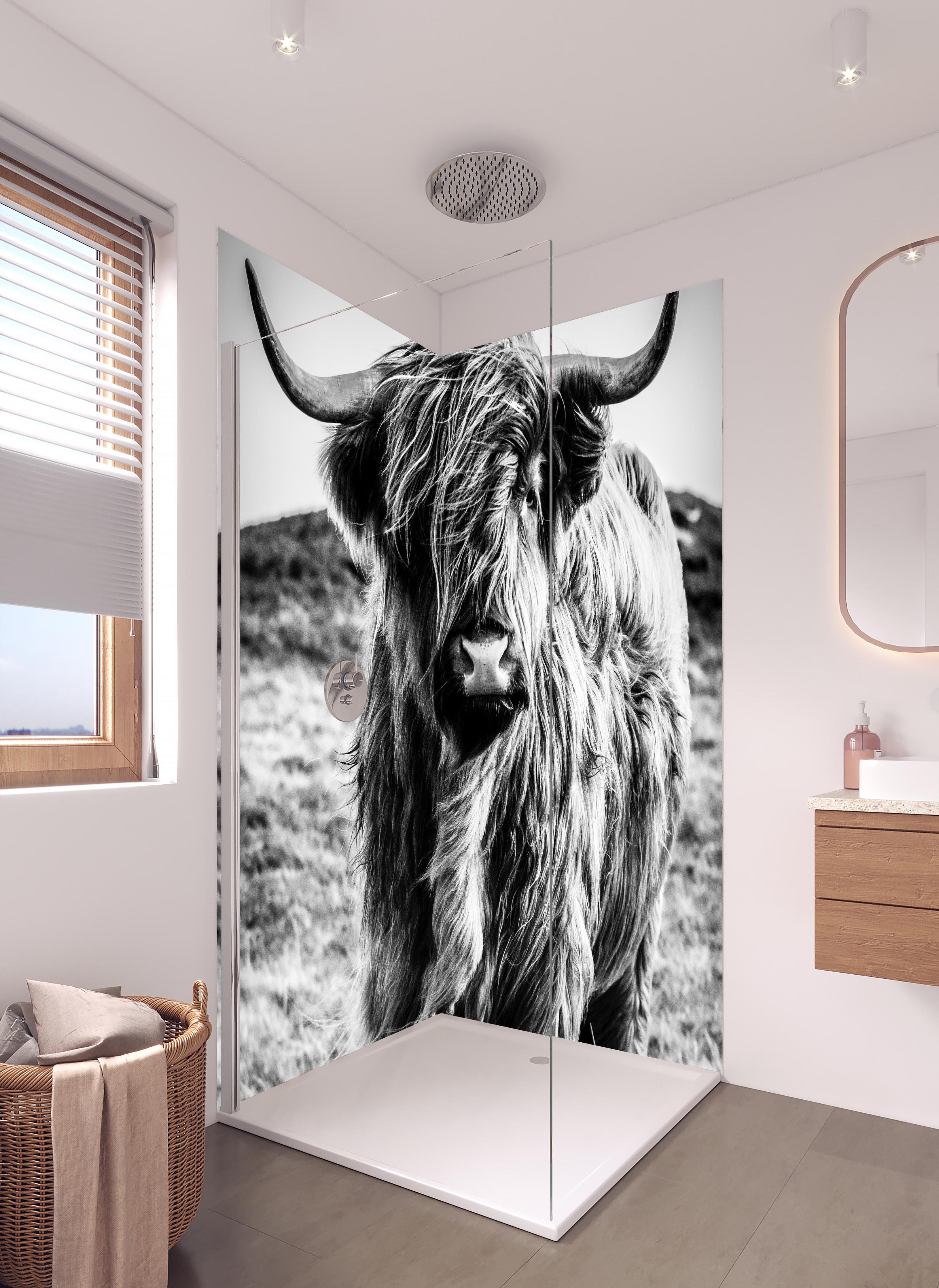 Duschrückwand - Hochlandkuh in Schwarz-weiß in hellem Badezimmer mit Regenduschkopf - zweiteilige Eck-Duschrückwand