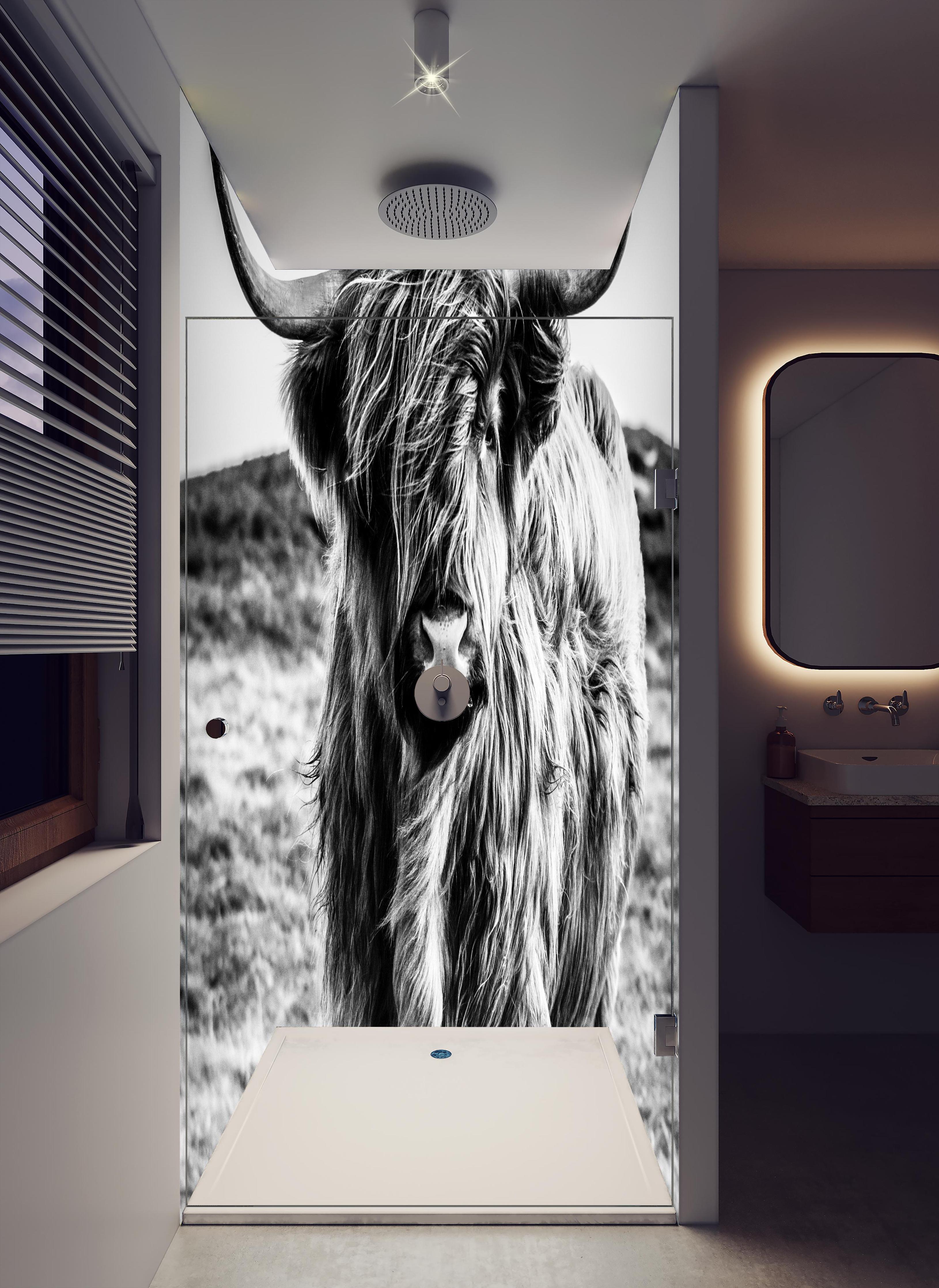 Duschrückwand - Hochlandkuh in Schwarz-weiß in hellem Badezimmer mit Regenduschkopf - zweiteilige Eck-Duschrückwand