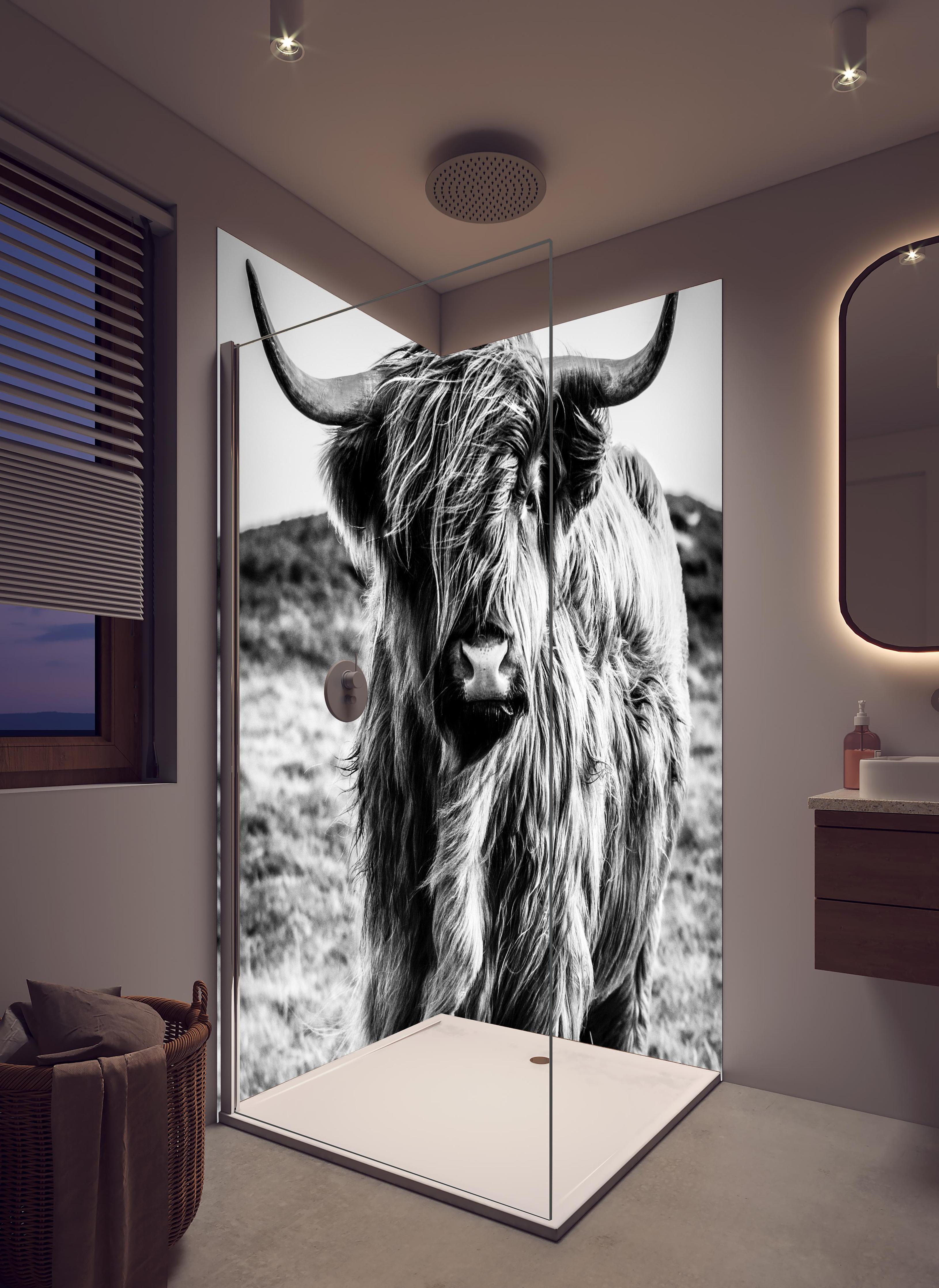 Duschrückwand - Hochlandkuh in Schwarz-weiß in hellem Badezimmer mit Regenduschkopf - zweiteilige Eck-Duschrückwand