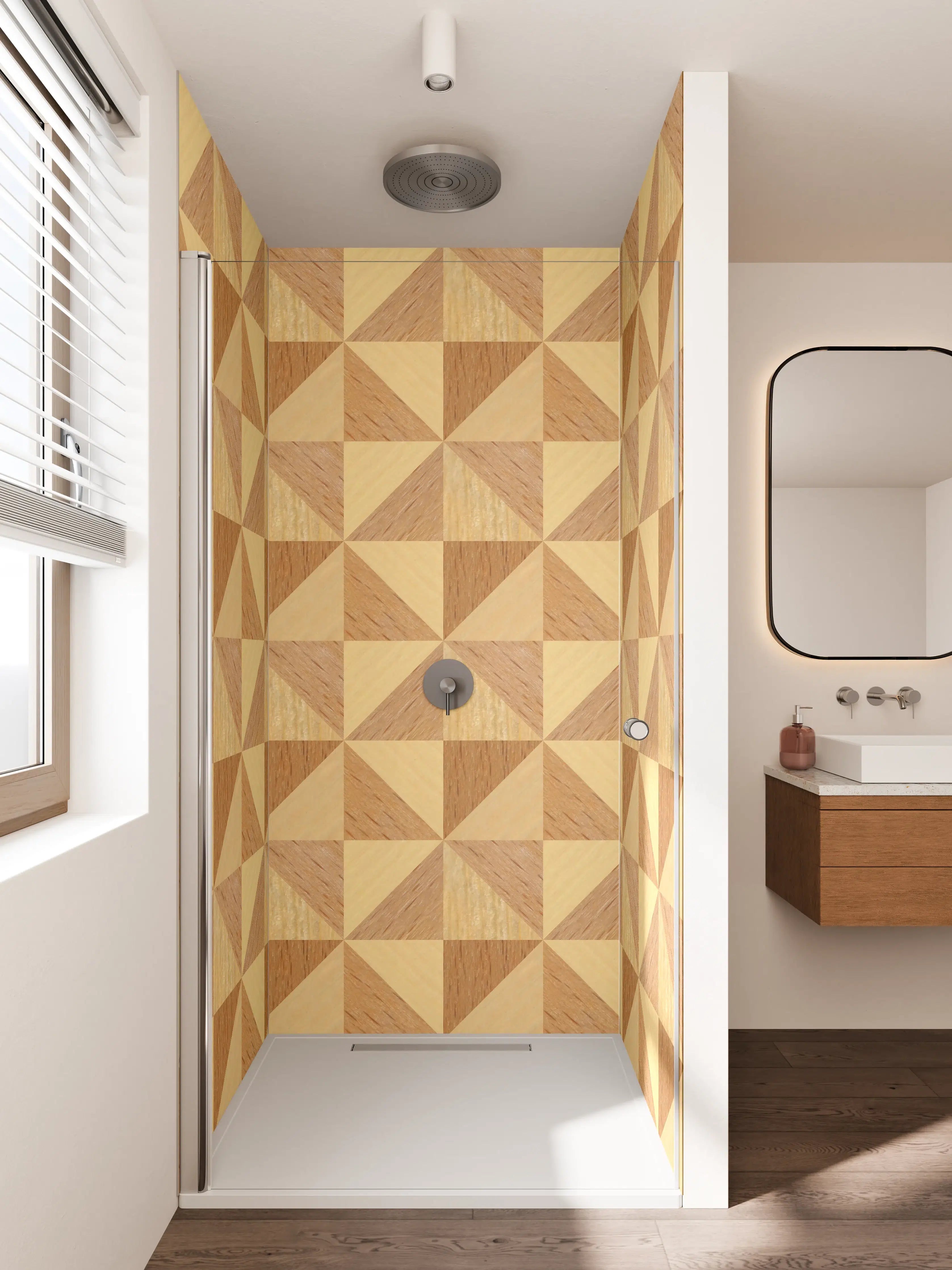 Duschrückwand - Hochwertige Holzmuster mit geometrischem Design