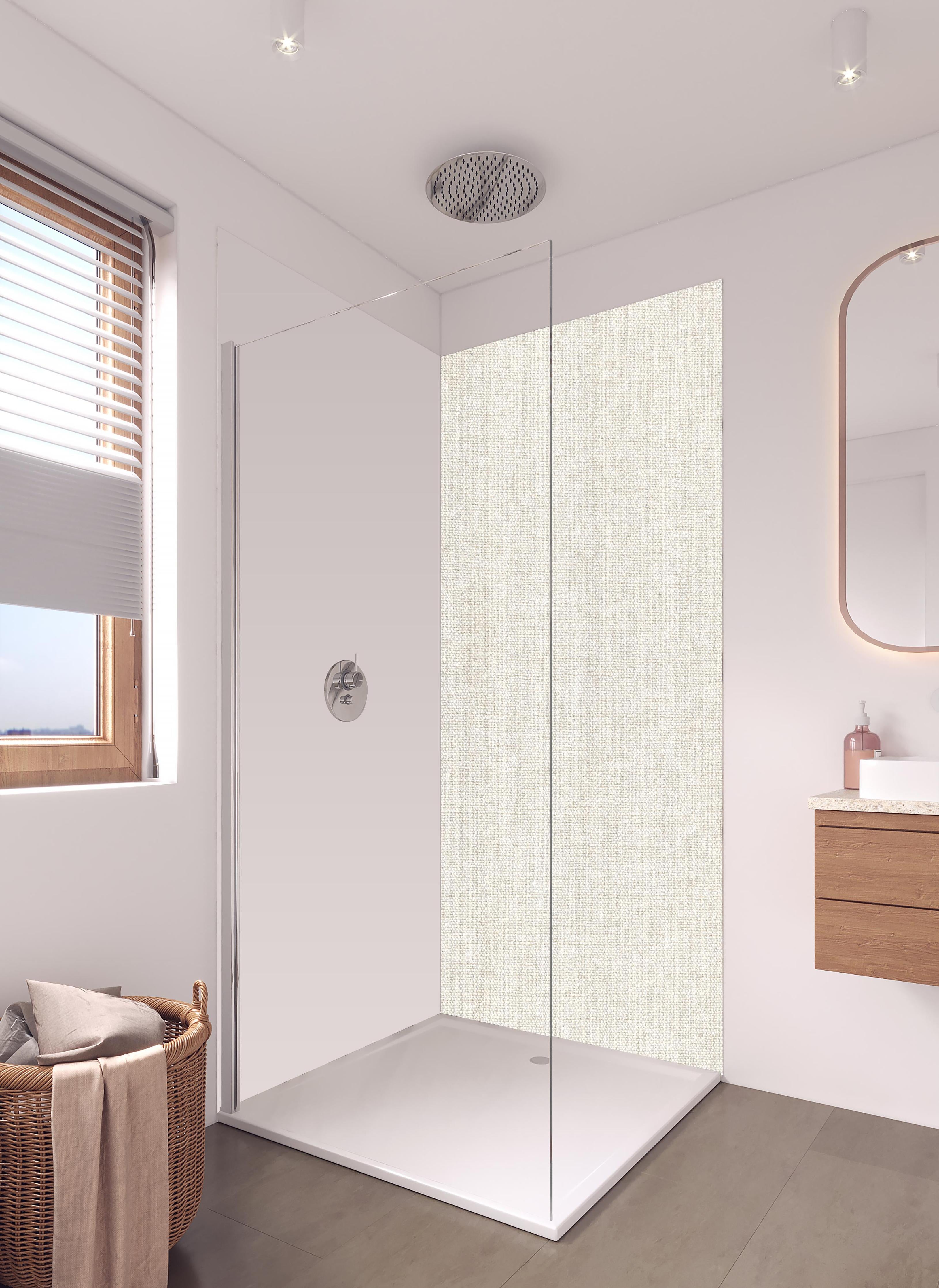 Duschrückwand - Hochwertige grau-beige Stofftextur für Design in hellem Badezimmer mit Regenduschkopf - zweiteilige Eck-Duschrückwand